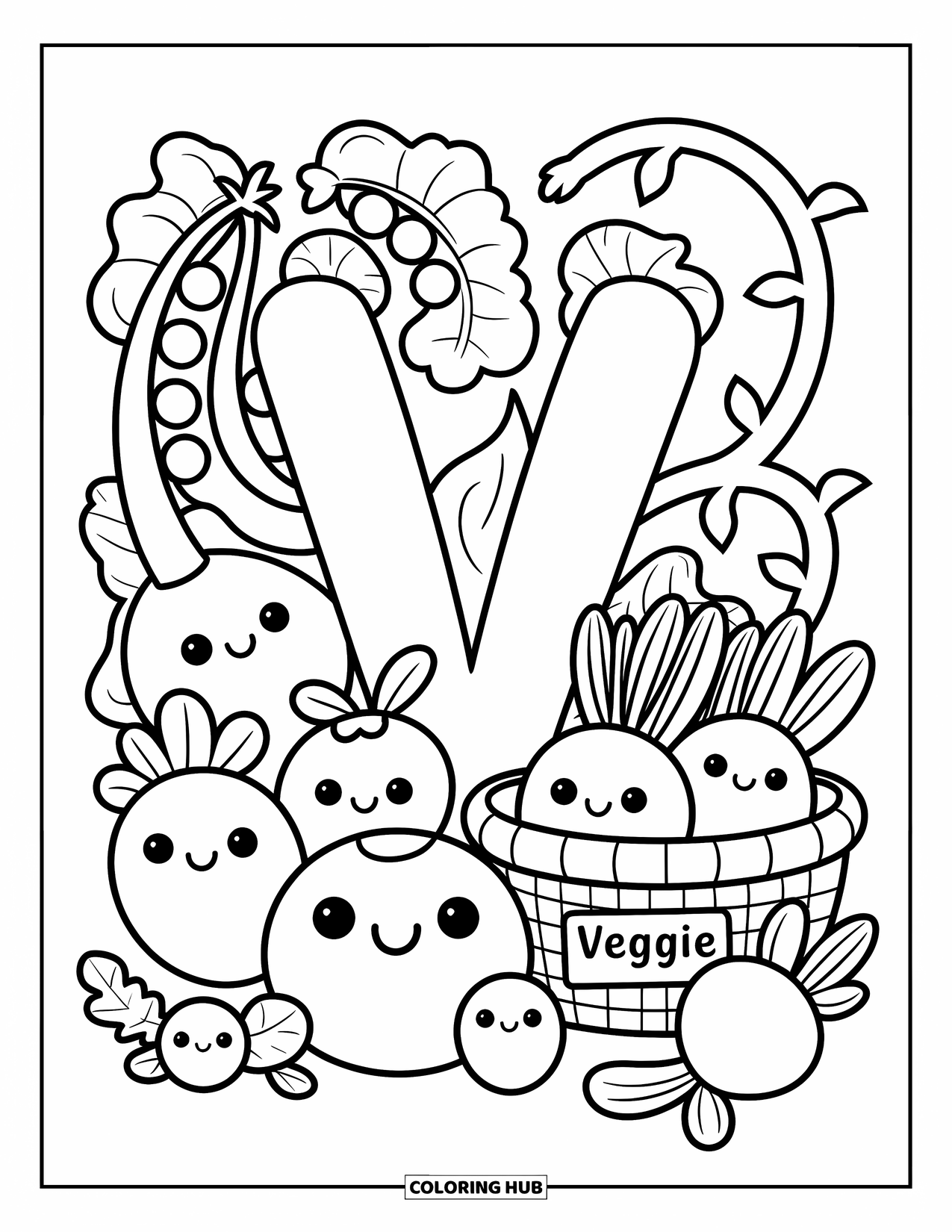 Letter V Coloring Page for Adults: V in a garden bed with smiling veggies and a curling vine