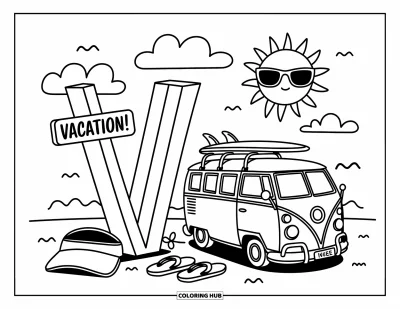 Omalovánka písmene V pro dospělé: V jako plážová cedule s nápisem “Vacation!” u malé dodávky