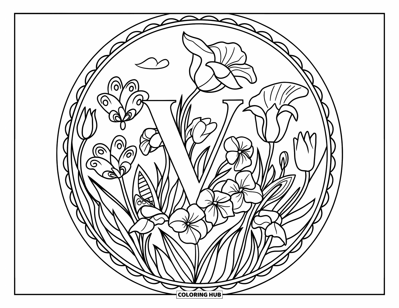 Letter V Coloring Page for Adults: V is surrounded by a floral mandala of violets, tulips, and morning glories