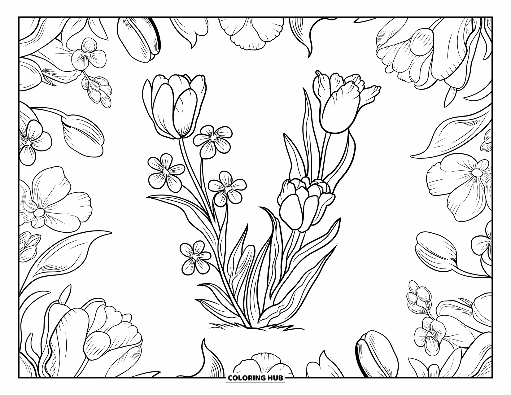 Letter V Coloring Page for Adults: V made of flowers rests inside a patterned botanical mandala