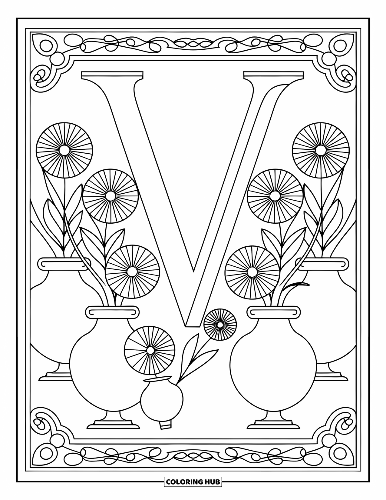 Letter V Coloring Page for Adults: V sits among abstract flowers in elegant patterned vases