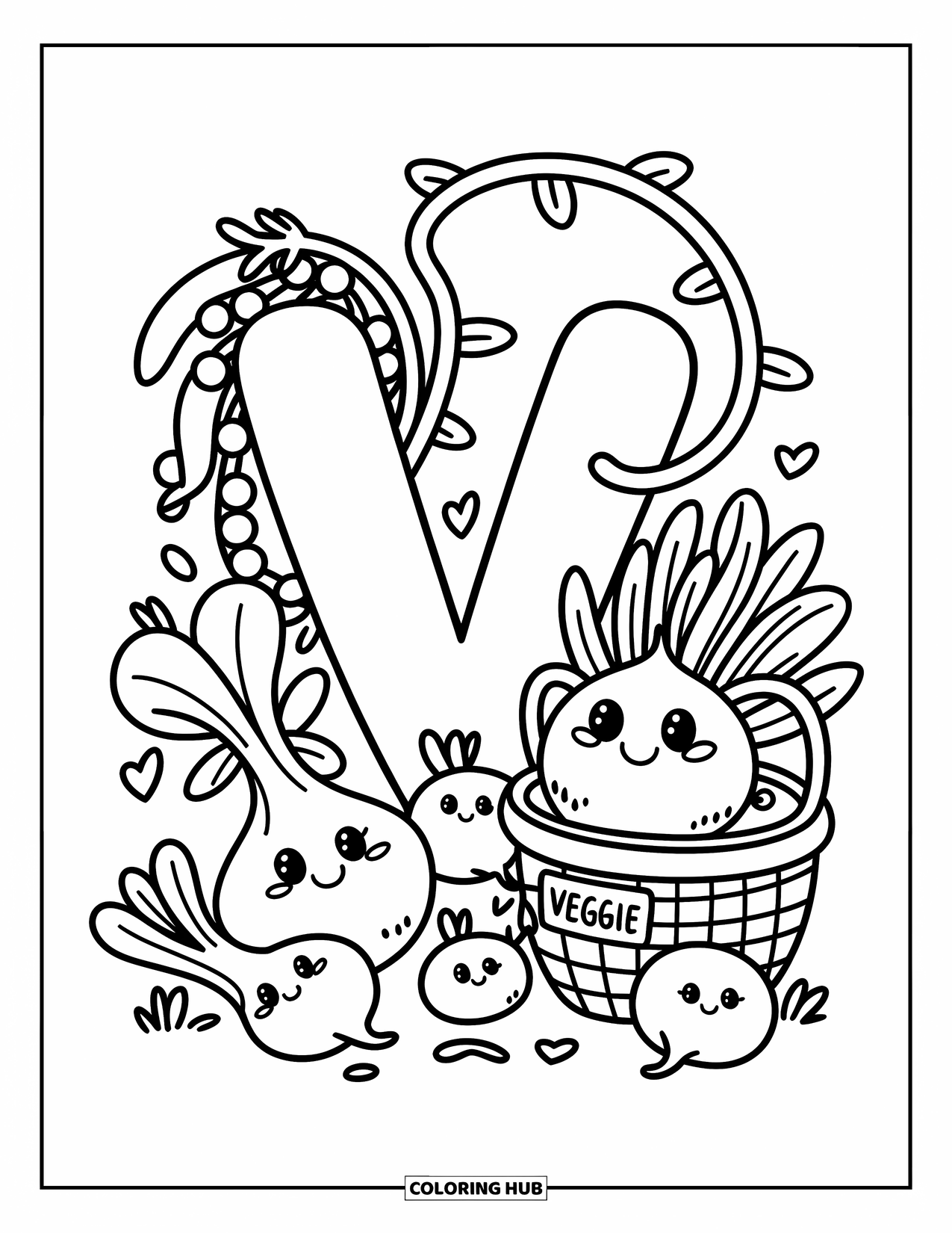 Letter V Coloring Page for Adults: V surrounded by happy vegetables, vines, and a veggie-labeled basket