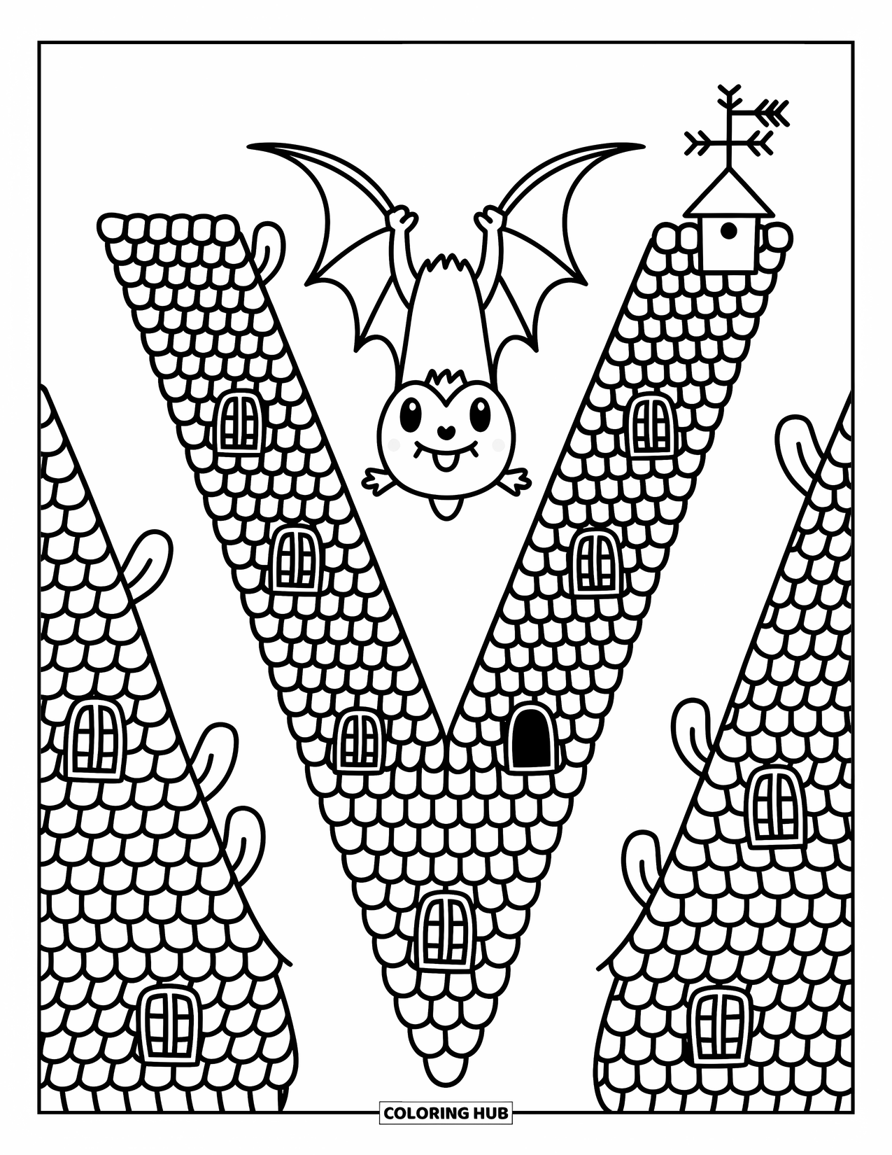 Letter V Coloring Page for Adults: V with a smiling vampire bat hanging near cozy rooftops
