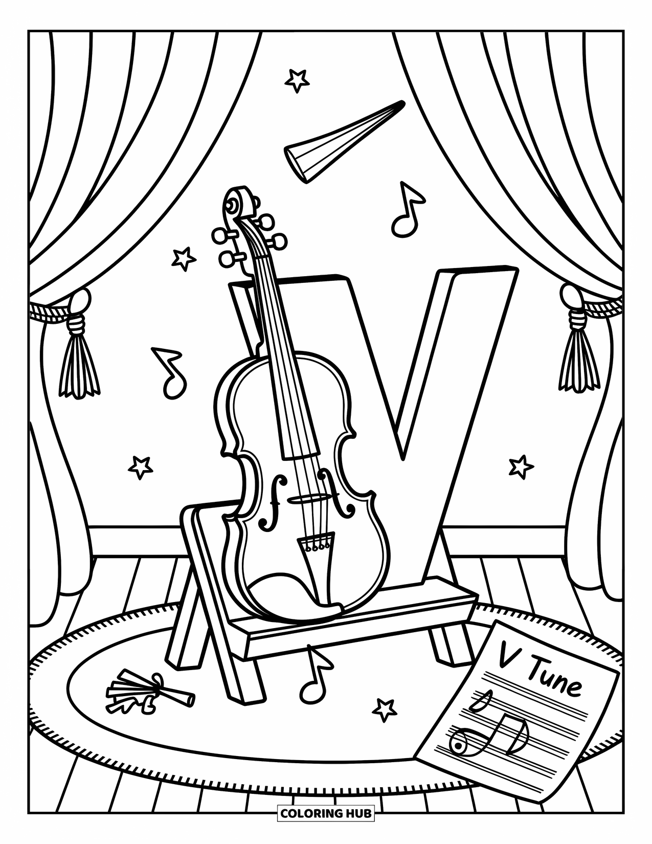 Letter V Coloring Page for Adults: Violin and V with floating notes in a cozy, curtain-framed room