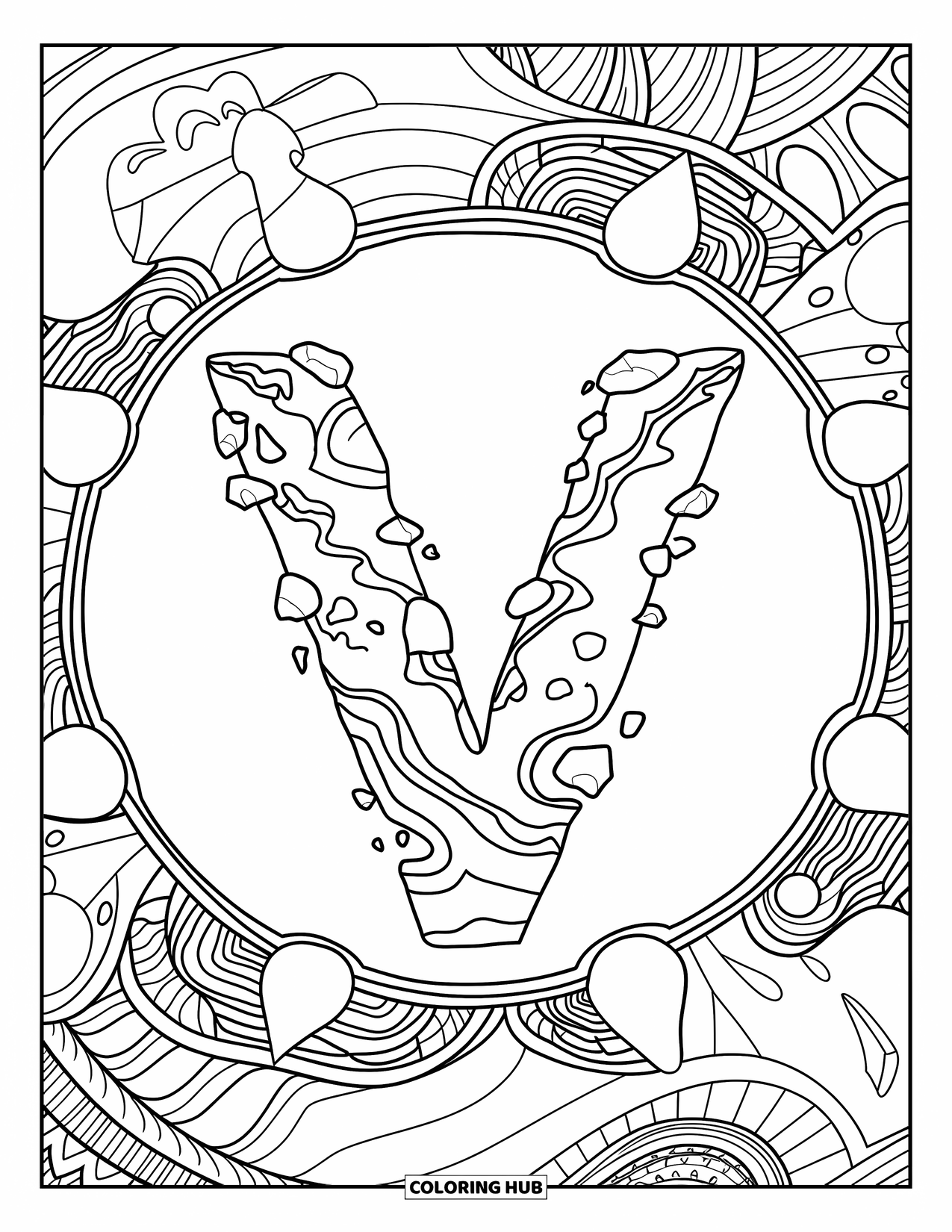 Letter V Coloring Page for Adults: Volcanic mandala with V made of lava and rocky textures