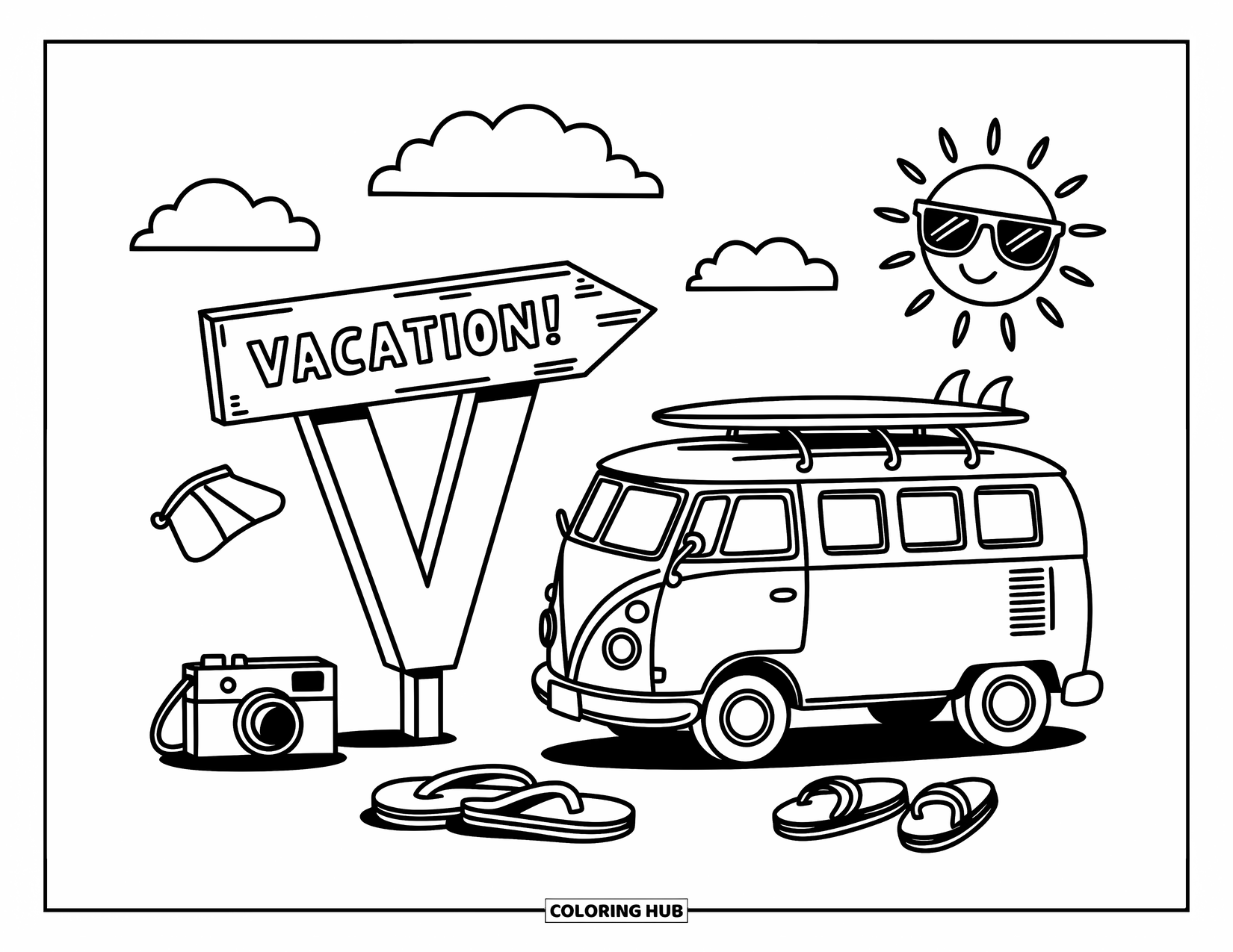 Letter V Coloring Page for Adults: Whimsical V signpost by a van and cheerful beach-themed accessories