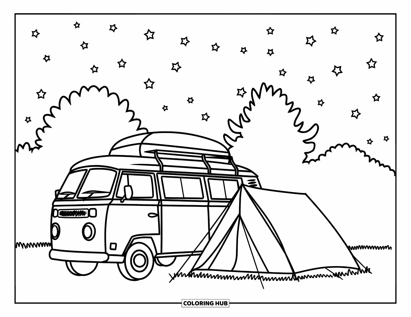 Letter V Coloring Page for Kids: Camping van sits beside a tent under a sky full of stars