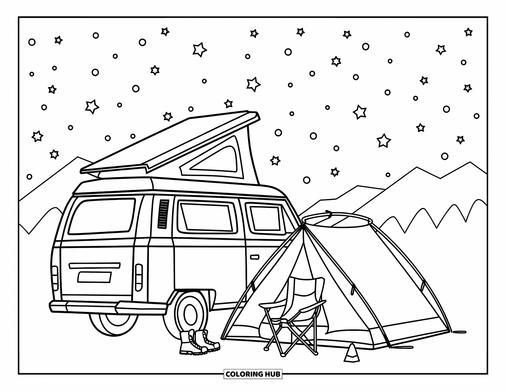 Letter V Coloring Page for Kids: Cozy van and tent setup with hiking gear under a starlit mountain view