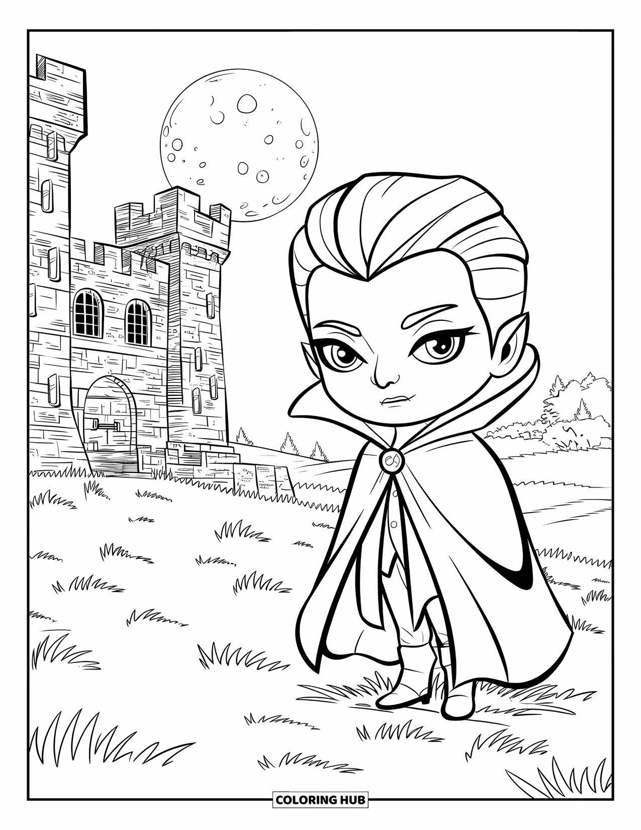 Letter V Coloring Page for Kids: Cute vampire near a towered castle under a glowing full moon