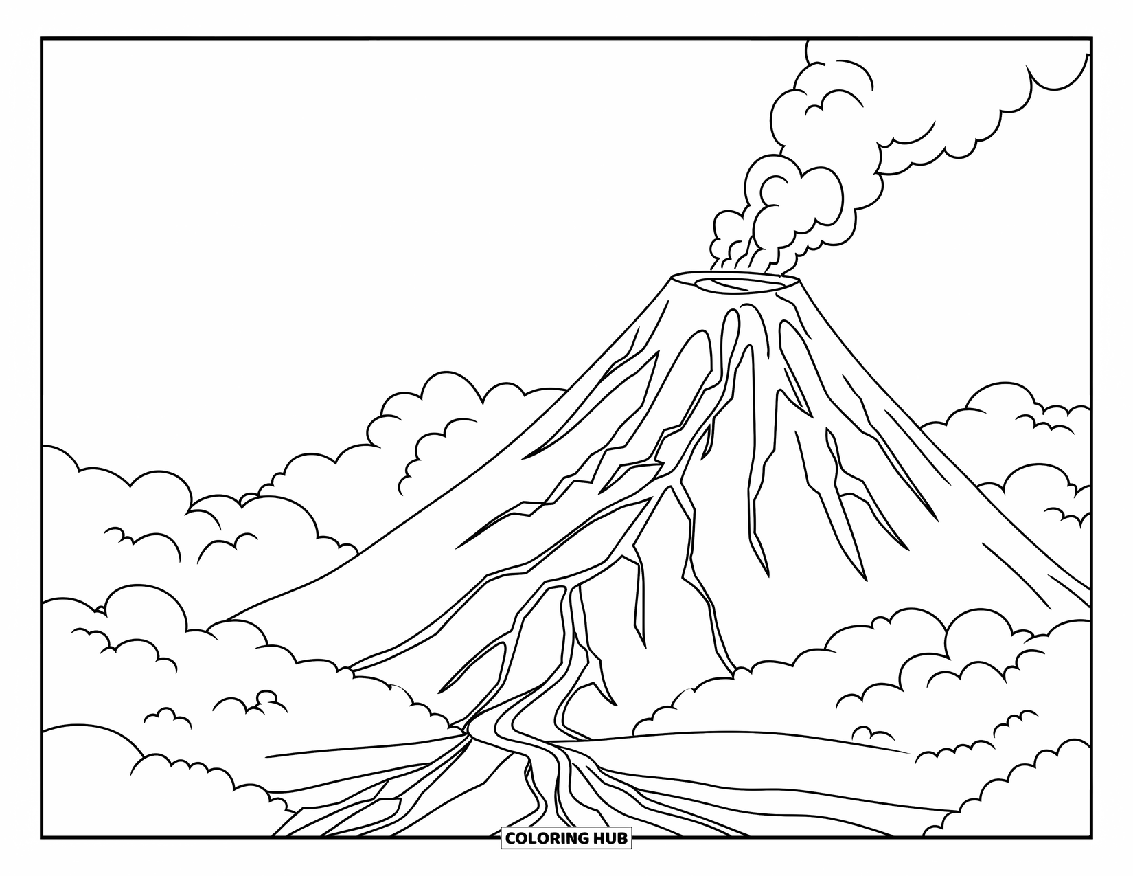 Letter V Coloring Page for Kids: Exploding volcano sends smoke and lava down a cracked mountain