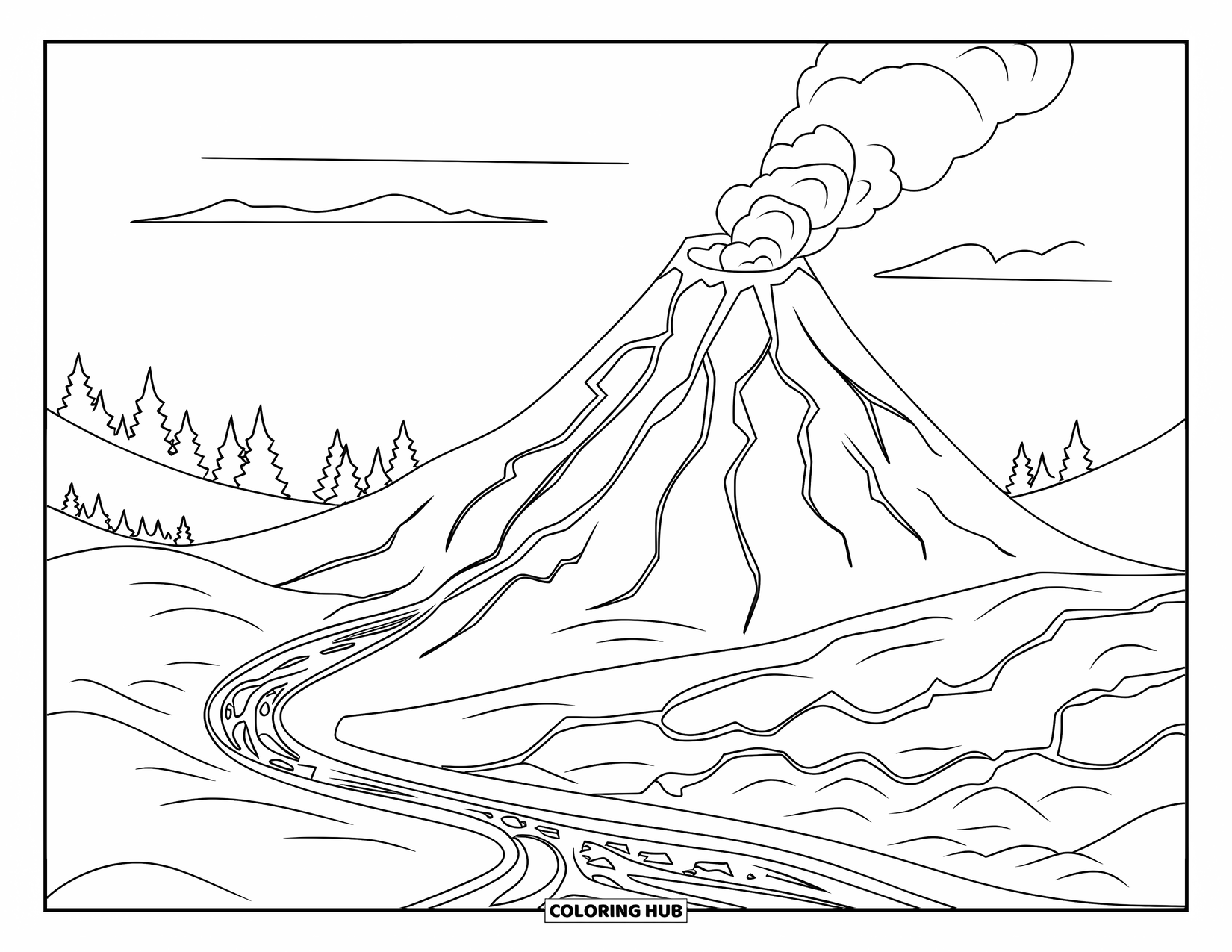 Letter V Coloring Page for Kids: Lava trails down a smoking volcano surrounded by trees and rocky slopes
