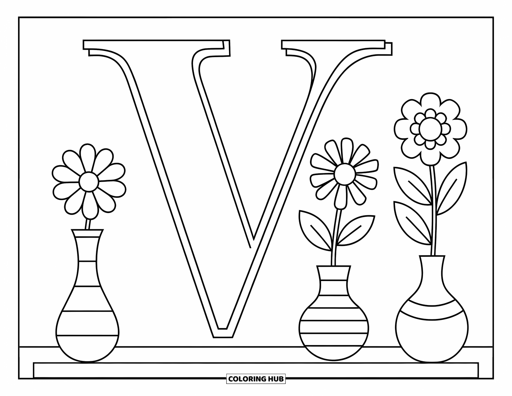 Letter V Coloring Page for Kids: Letter V with three vases below, each holding a different flower