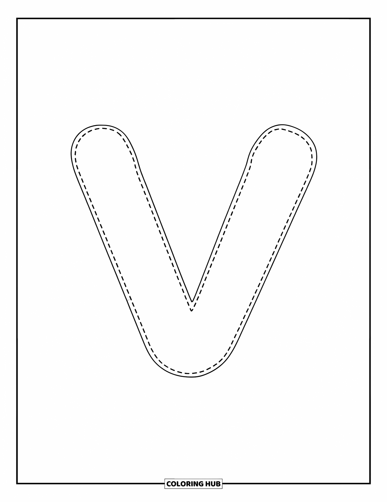 Letter V Coloring Page for Kids: Lowercase v in dotted-outline, simple and fun for learning to write