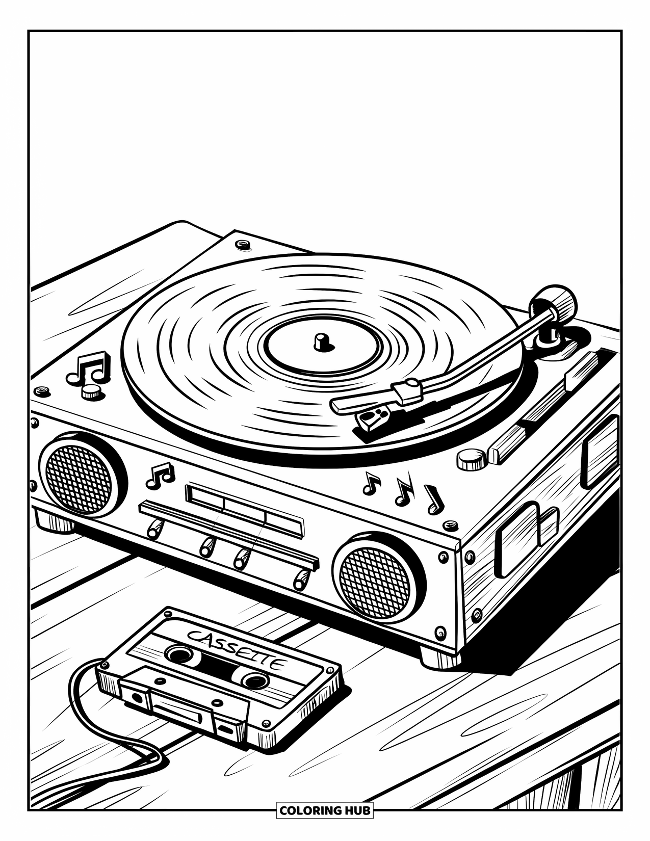 Letter V Coloring Page for Kids: Record player spins with speakers, cassette, and floating musical notes