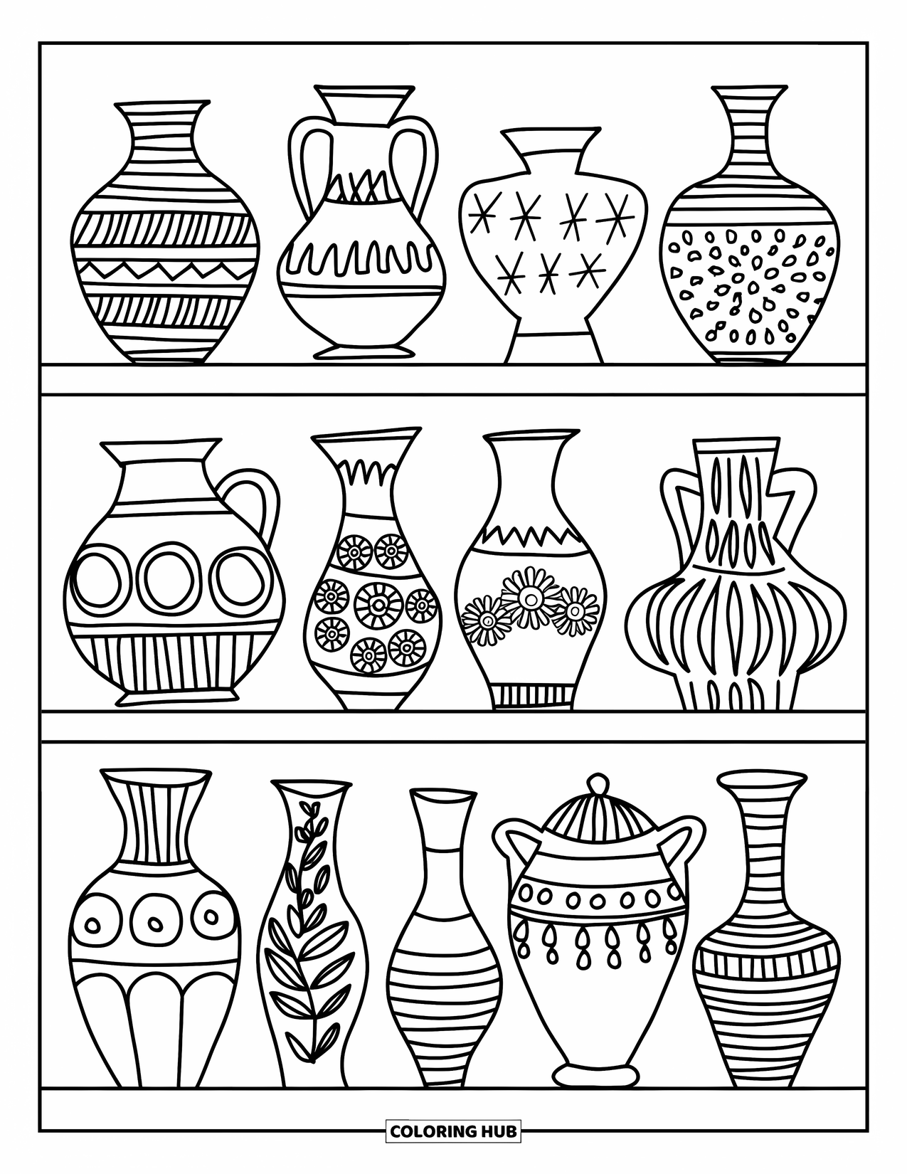 Letter V Coloring Page for Kids: Shelf of vases with unique patterns and clean outlines