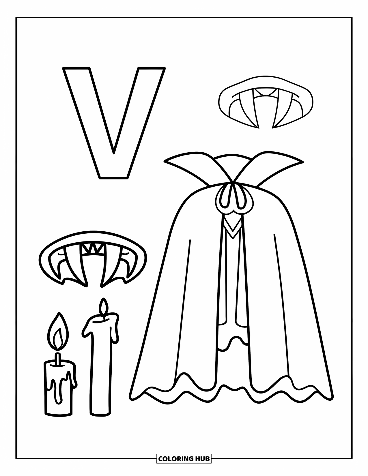 Letter V Coloring Page for Kids: V and a vampire costume display with cloak, fangs, and a candle