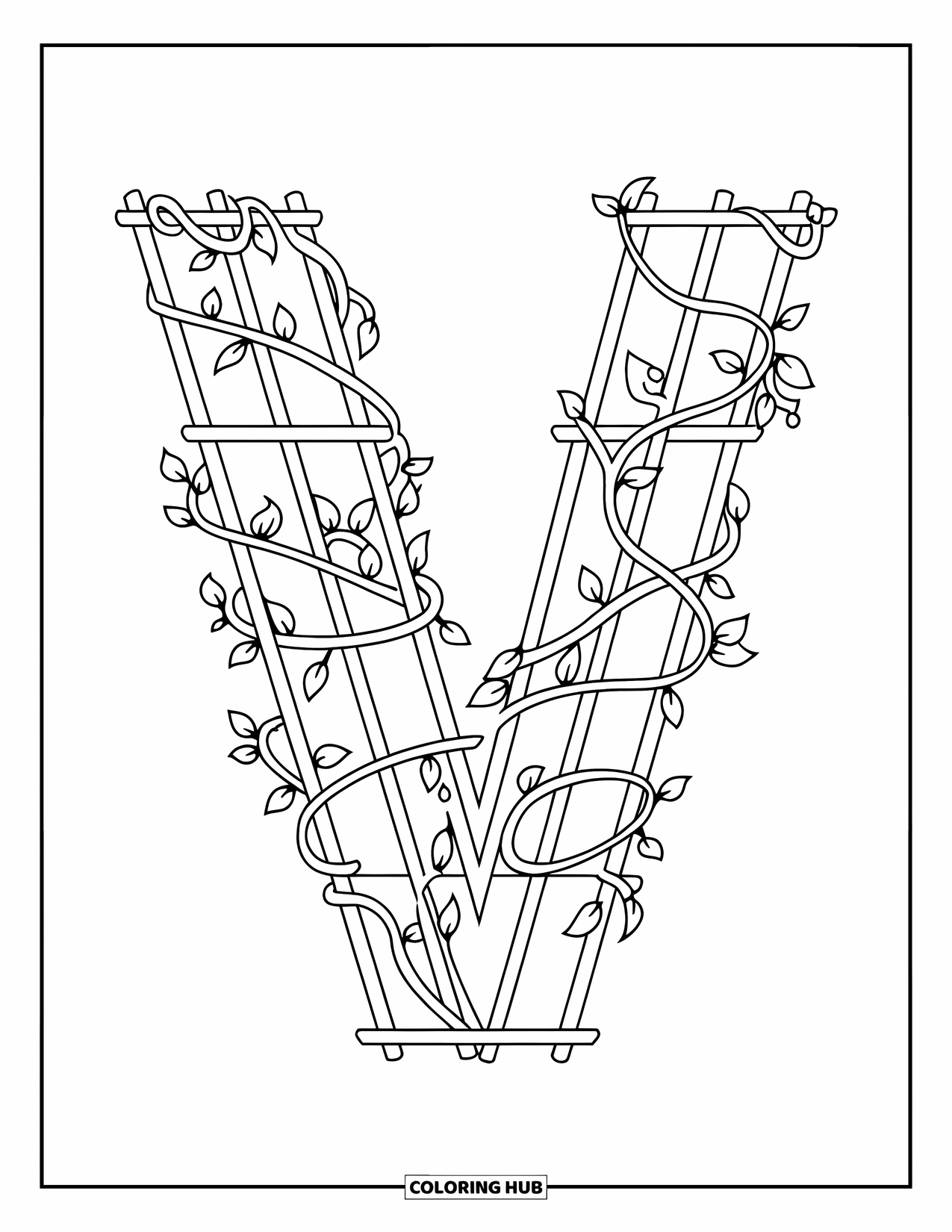Letter V Coloring Page for Kids: V is shaped from vine-covered trellises in a garden