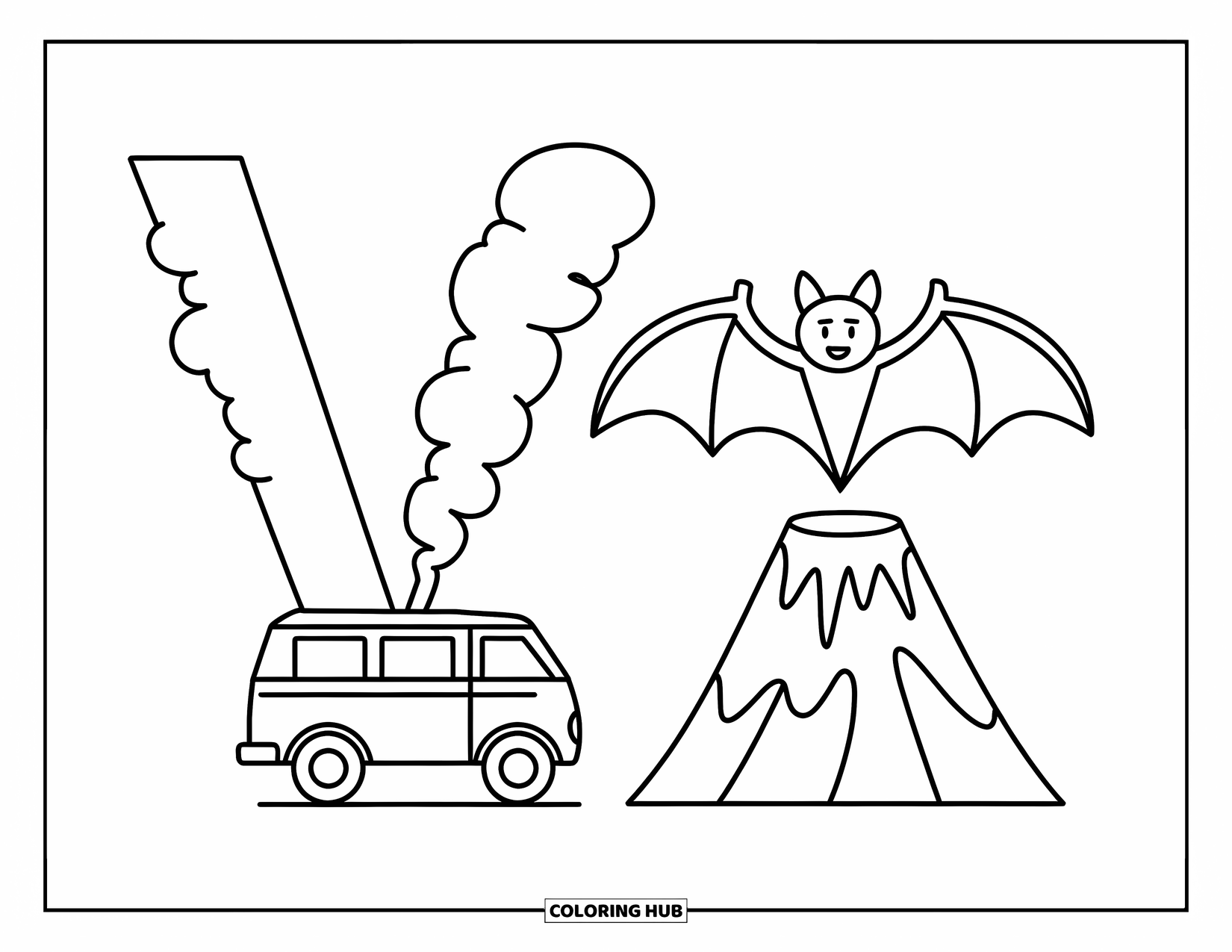 Letter V Coloring Page for Kids: V made from a van, v from a vampire bat, with a volcano between