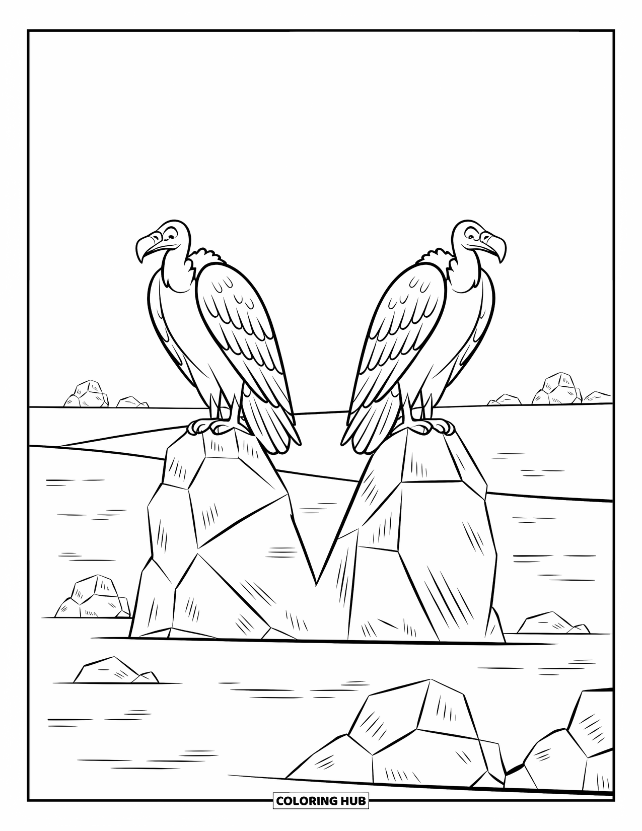 Letter V Coloring Page for Kids: V made of rocks with perched vultures in a desert setting