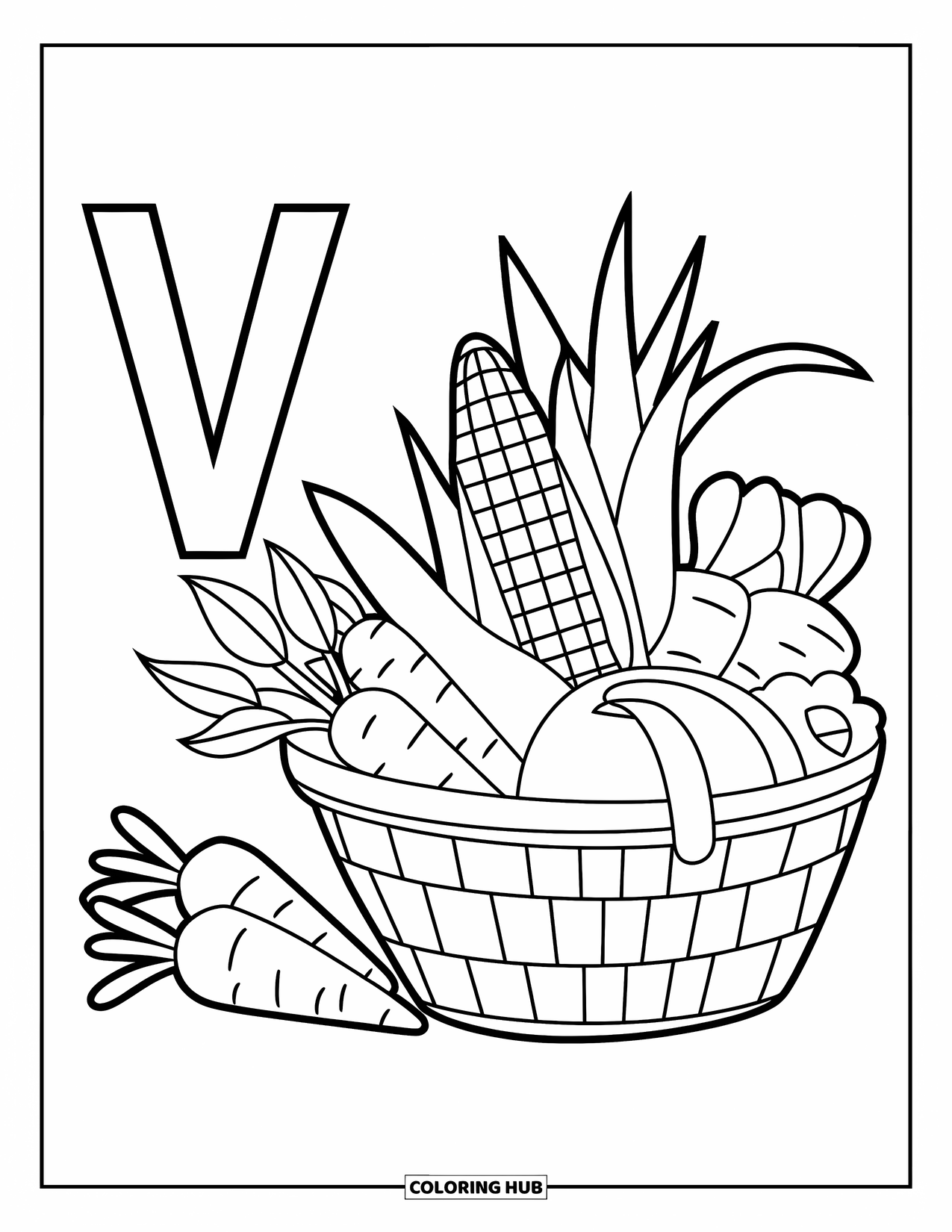 Letter V Coloring Page for Kids: V sits beside a basket filled with corn, peas, and carrots