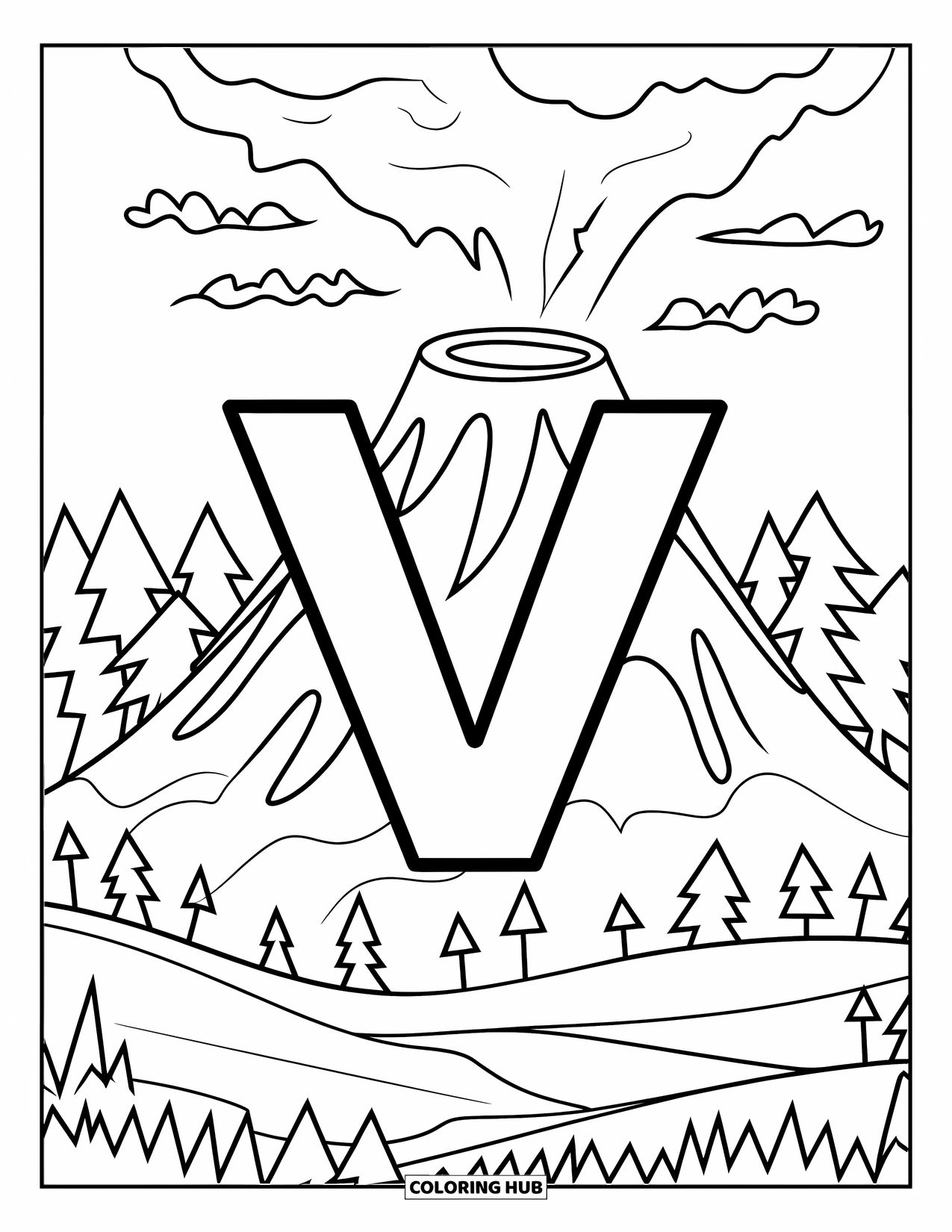 Letter V Coloring Page for Kids: V sits near a volcano with lava and trees around it