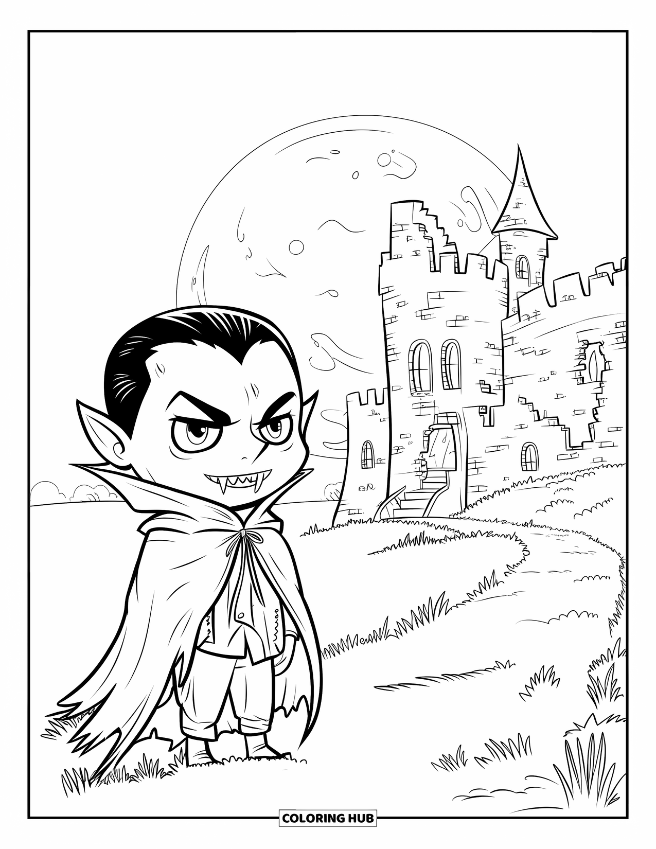 Letter V Coloring Page for Kids: Vampire with sharp teeth and cloak stands near an eerie old castle