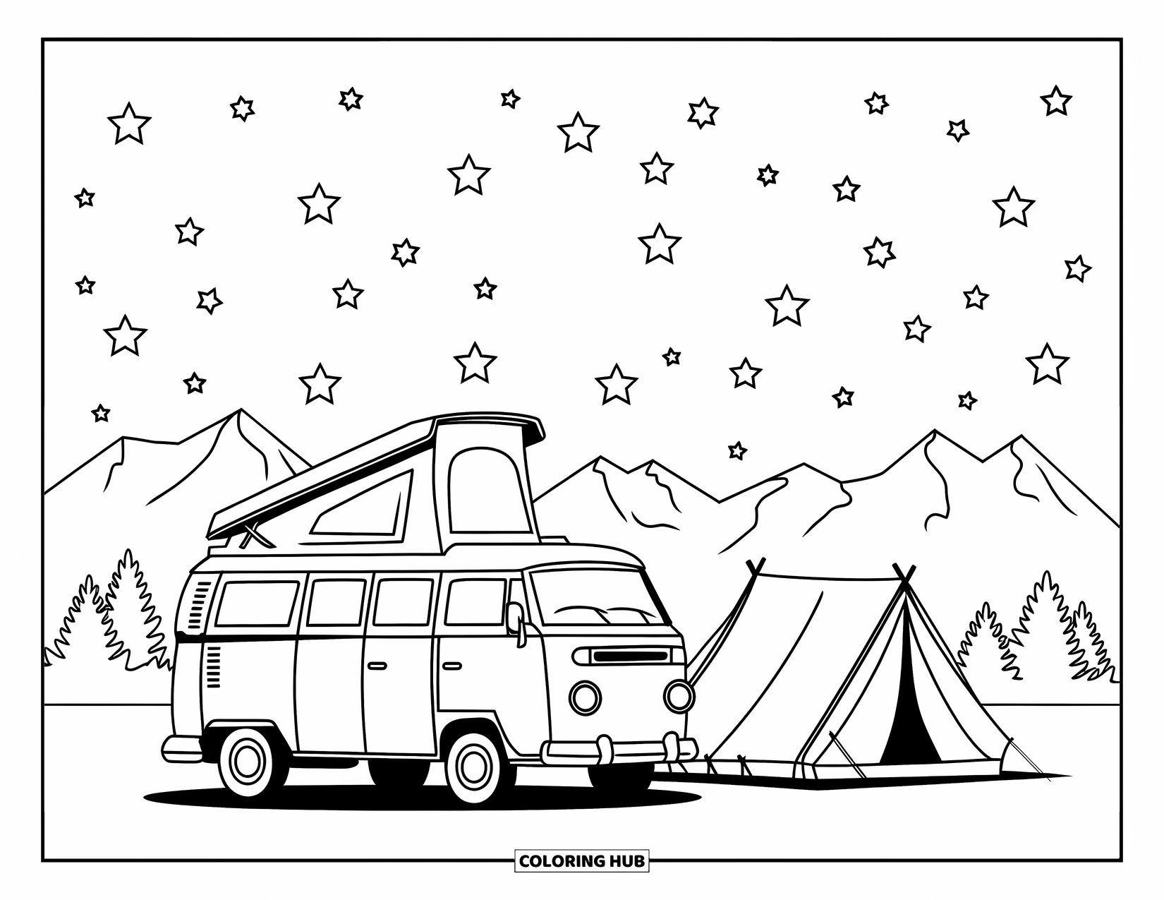 Letter V Coloring Page for Kids: Van and tent rest peacefully beneath starry skies and distant mountains