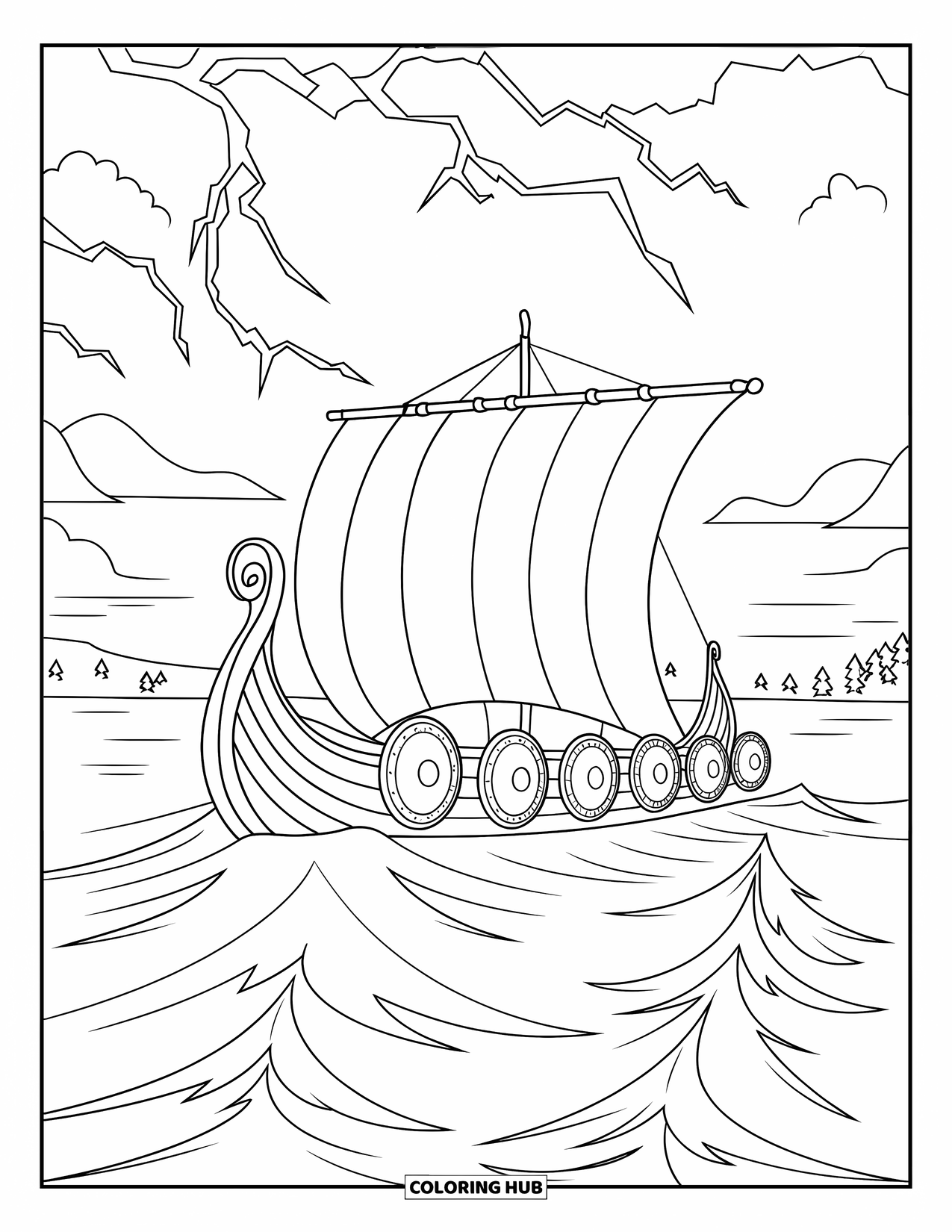 Letter V Coloring Page for Kids: Viking ship rides stormy waters with shields and lightning above