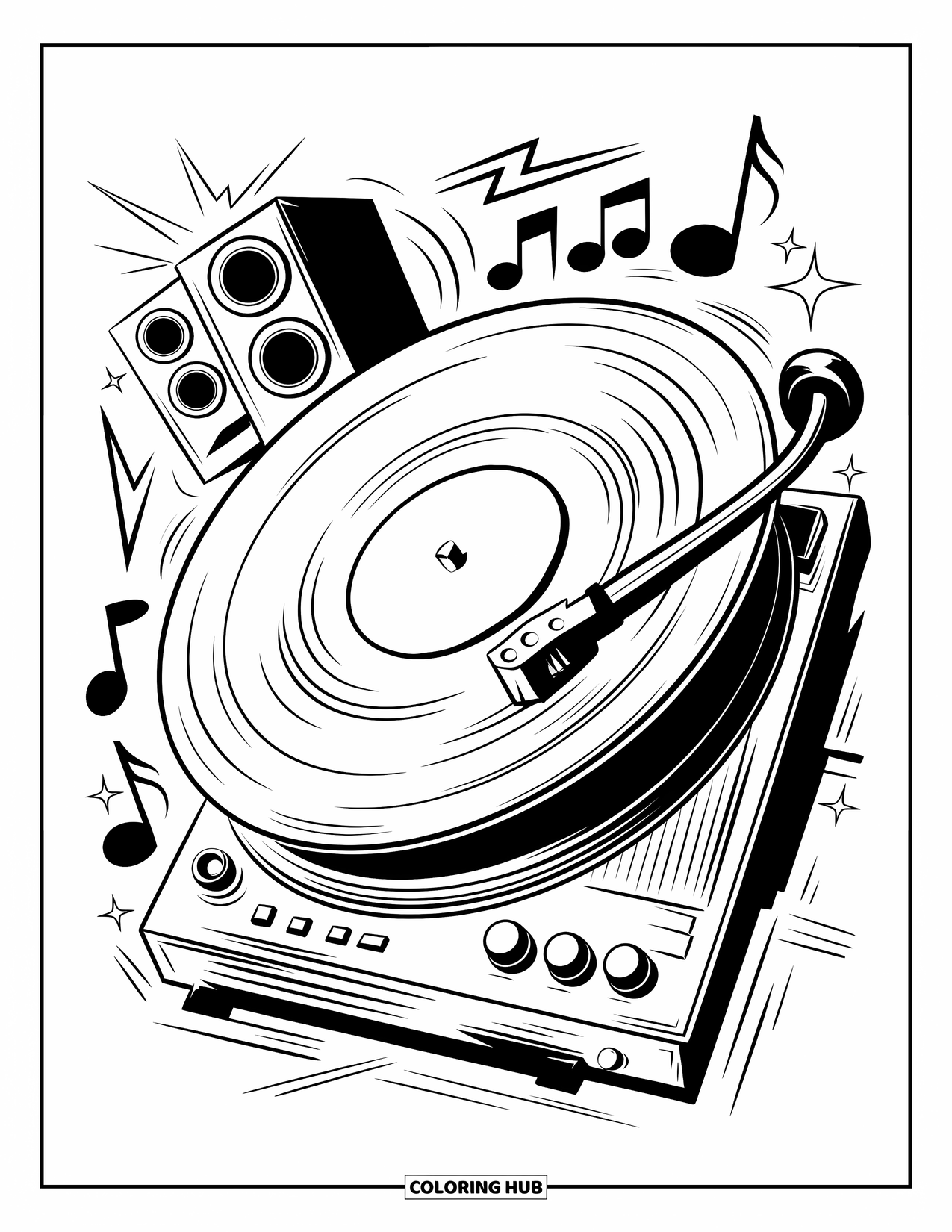 Letter V Coloring Page for Kids: Vintage record player with notes and speakers in a dynamic setup