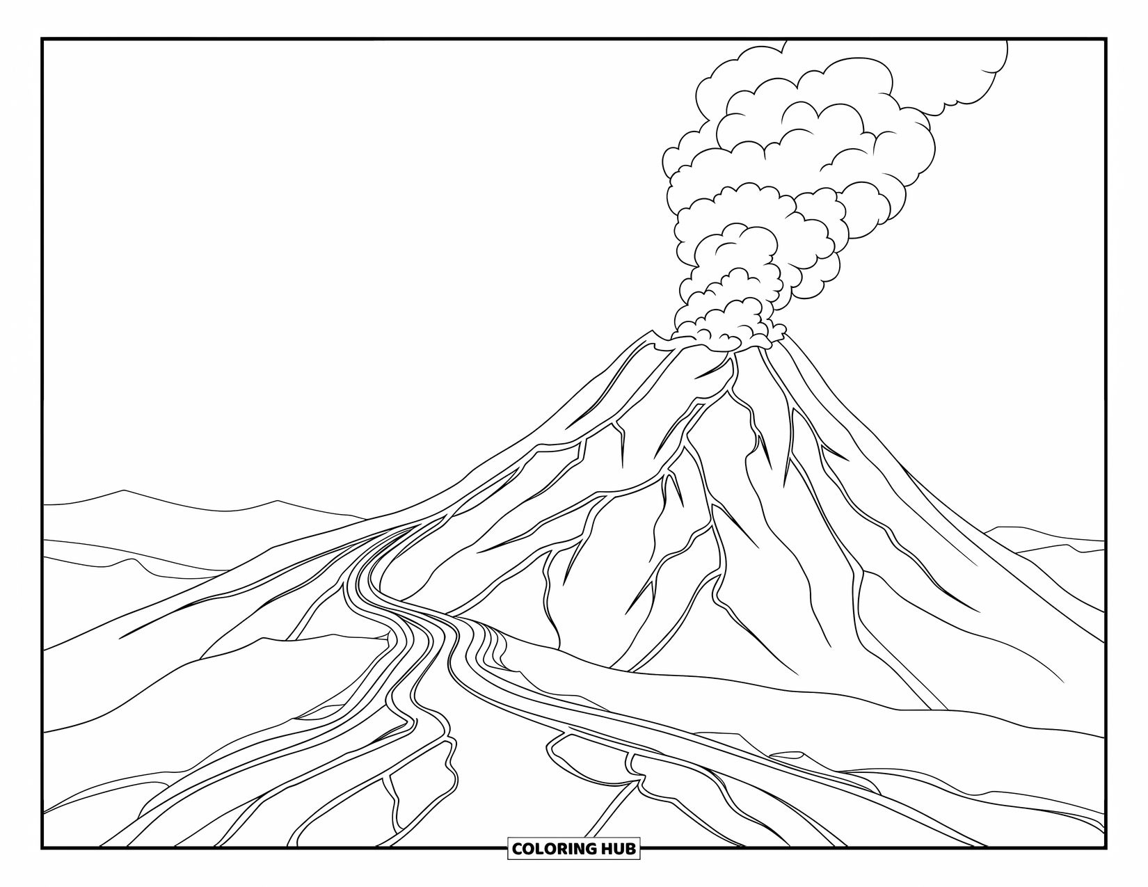 Letter V Coloring Page for Kids: Volcano erupts with lava flowing and smoke billowing from cracked mountain