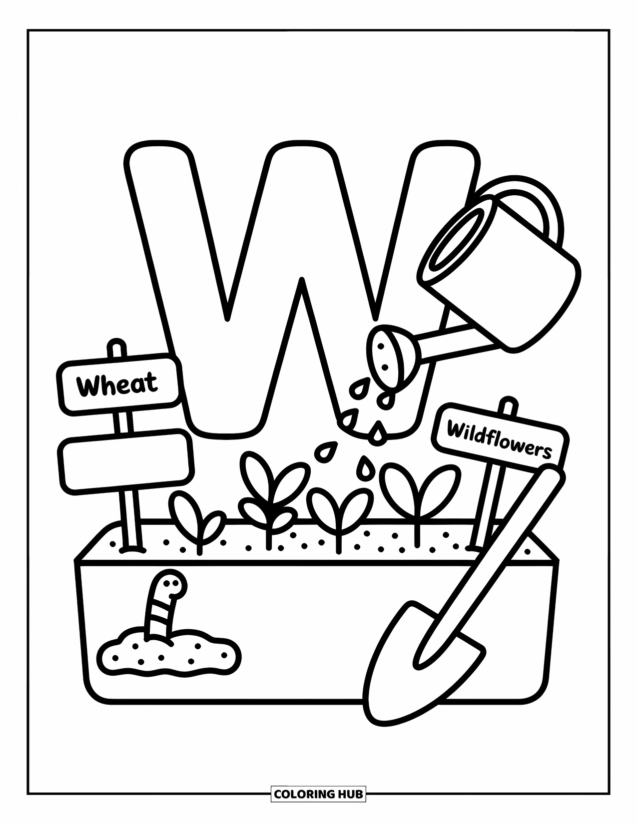 Letter W Coloring Page for Adults: A happy "W" in a garden bed with signs, a worm, and a watering can