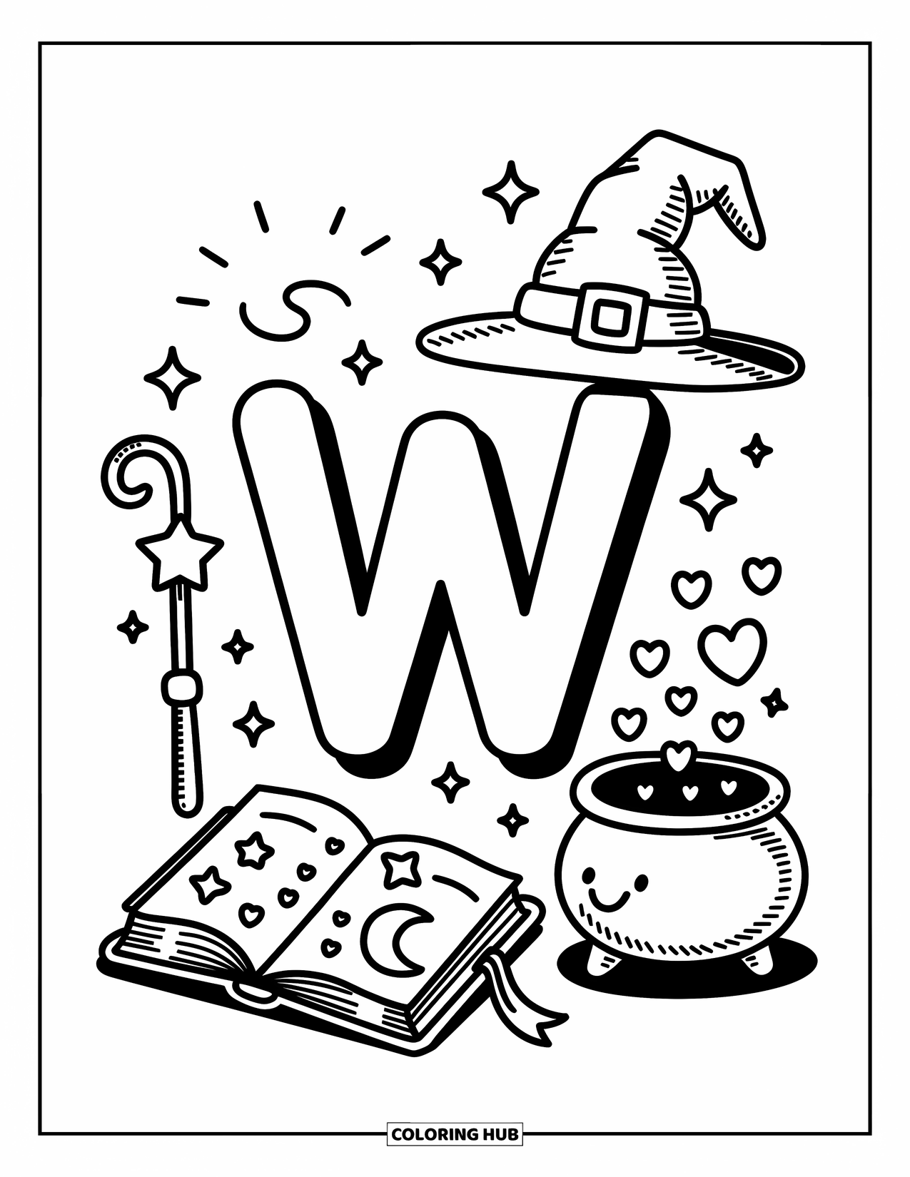 Letter W Coloring Page for Adults: A magical "W" sits in a wizard's room with wand, hat, and spell book