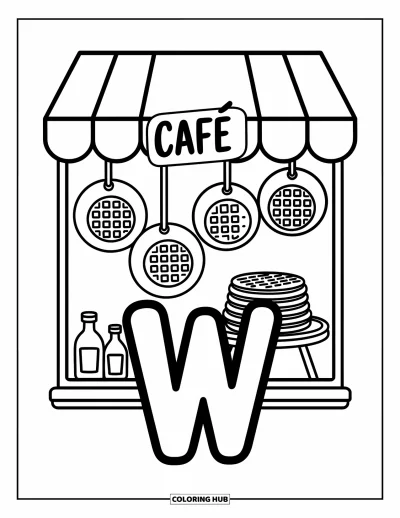 Yetişkinler için W Harfi Boyama Sayfası: Bir waffle kafe vitrini sevimli ve sıcacık "W" harfini çerçeveliyor