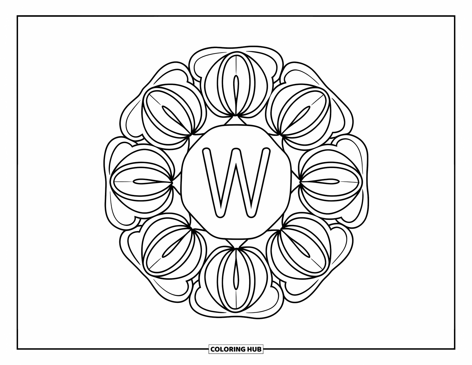 Letter W Coloring Page for Adults: Layers of walnut-inspired florals surround a bold central "W"