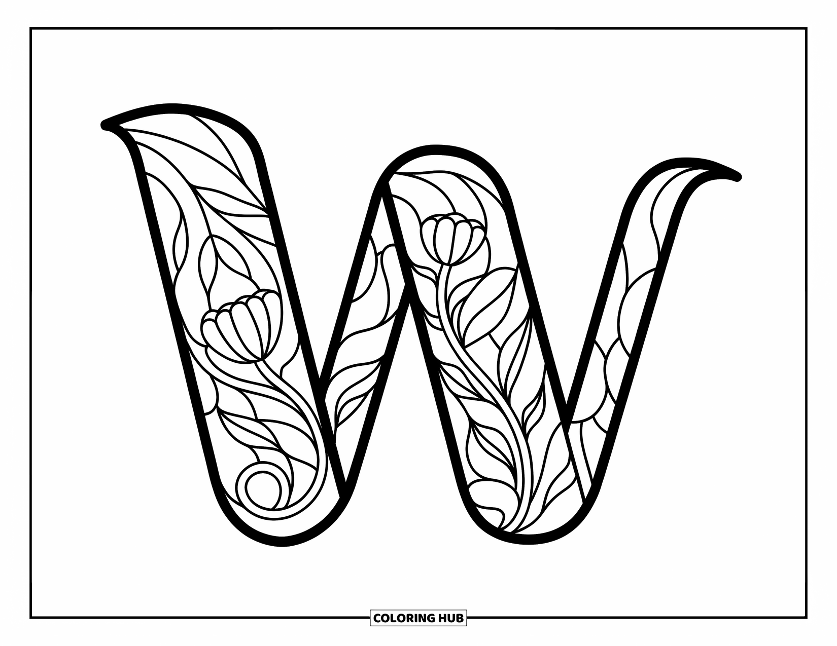 Letter W Coloring Page for Adults: Swirling stained glass and florals shape a detailed "W"