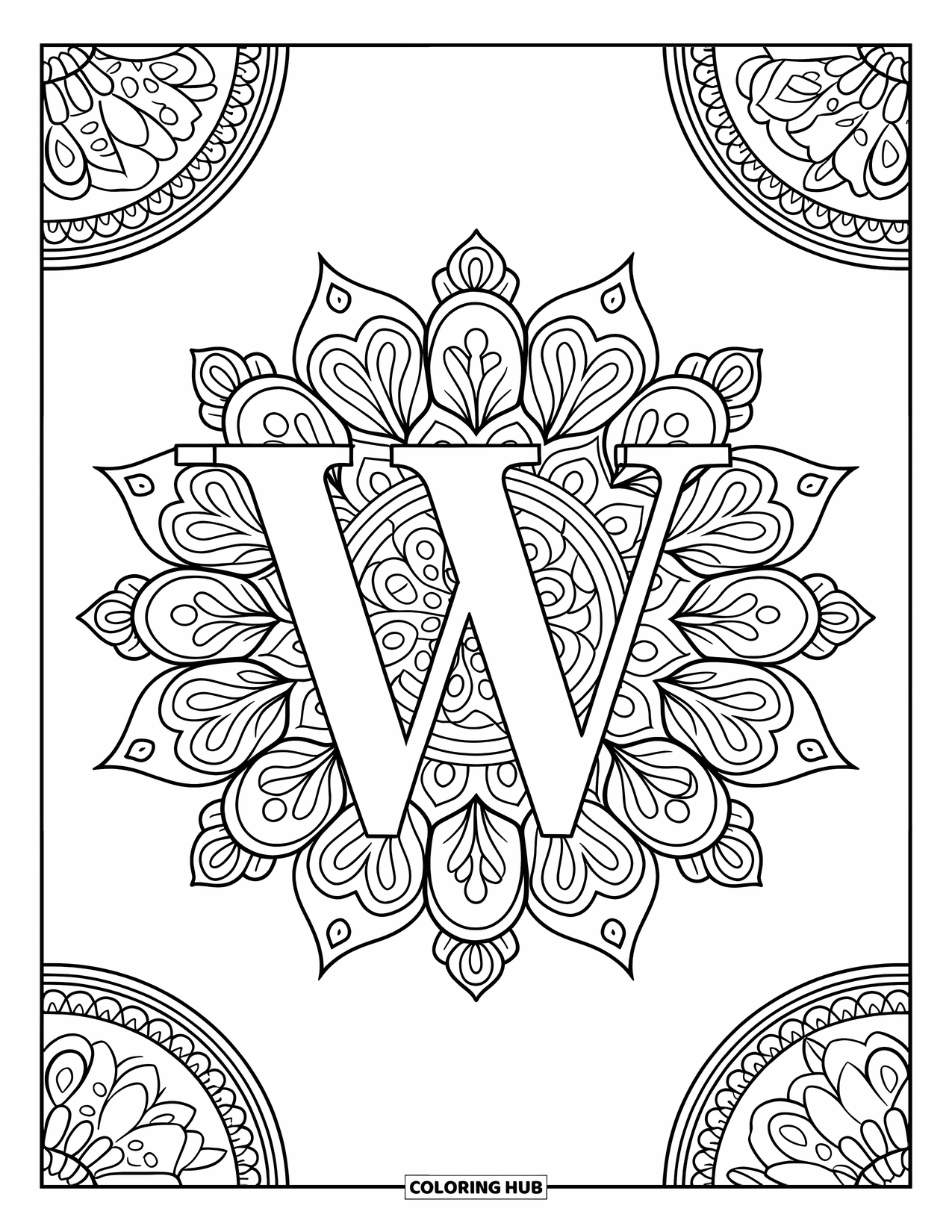 Letter W Coloring Page for Adults: "W" blooms from the center of a full floral mandala