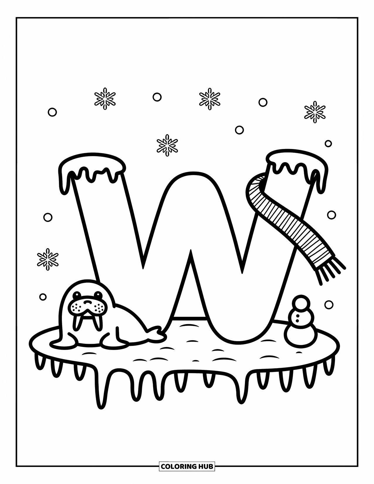 Letter W Coloring Page for Adults: "W" on ice with a walrus, falling snowflakes, and a tiny snowman