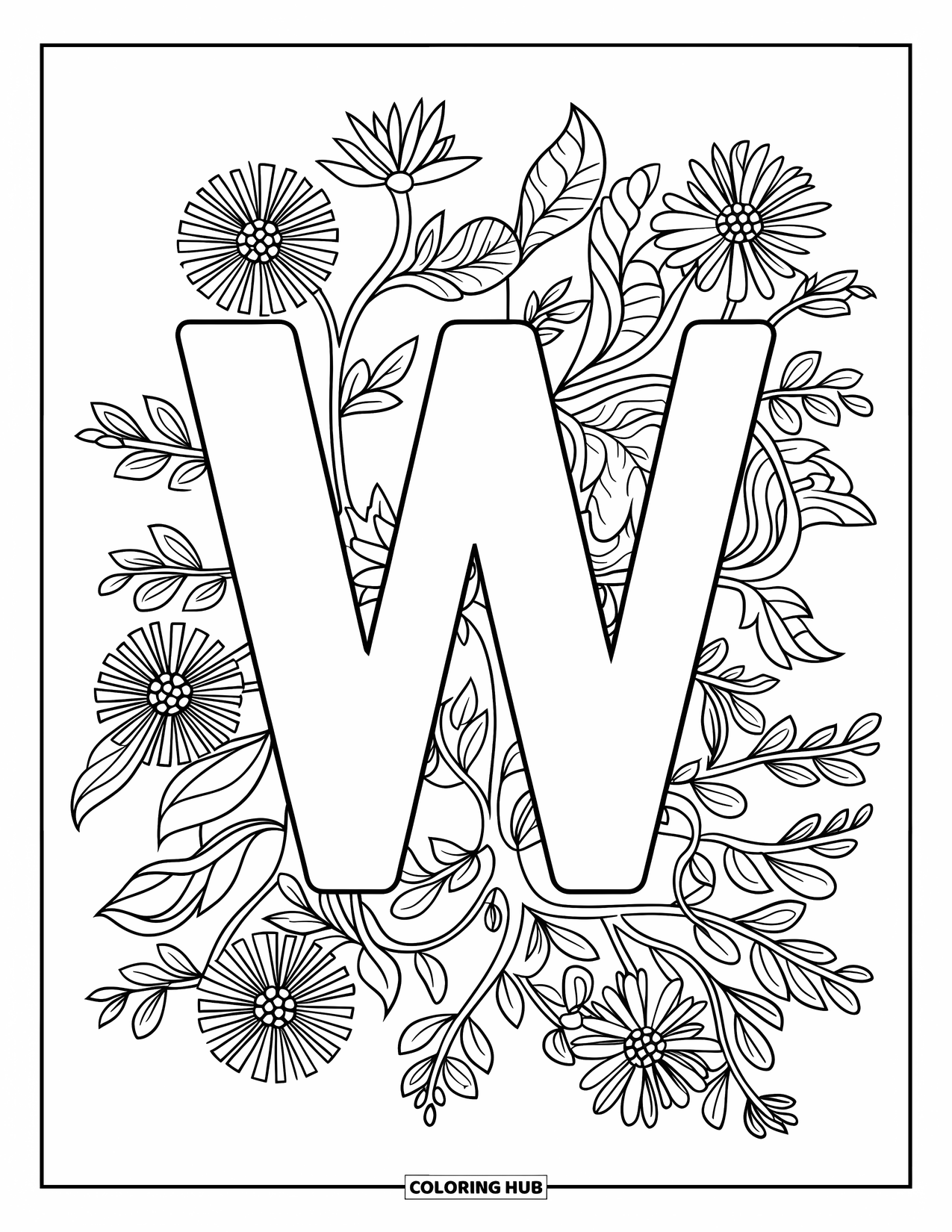 Letter W Coloring Page for Adults: Wildflower vines curl around a framed letter "W"