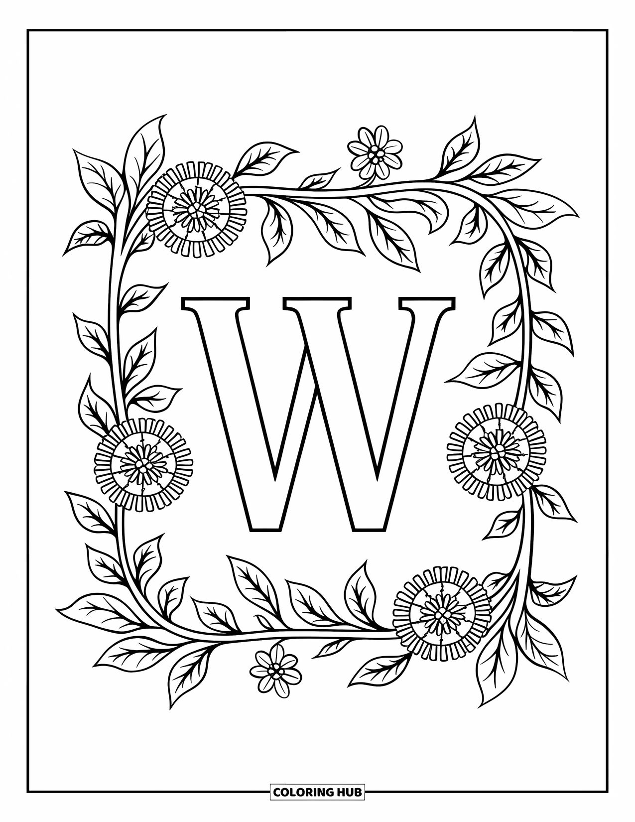 Letter W Coloring Page for Adults: Wildflowers and leaves surround a peaceful, bold "W"