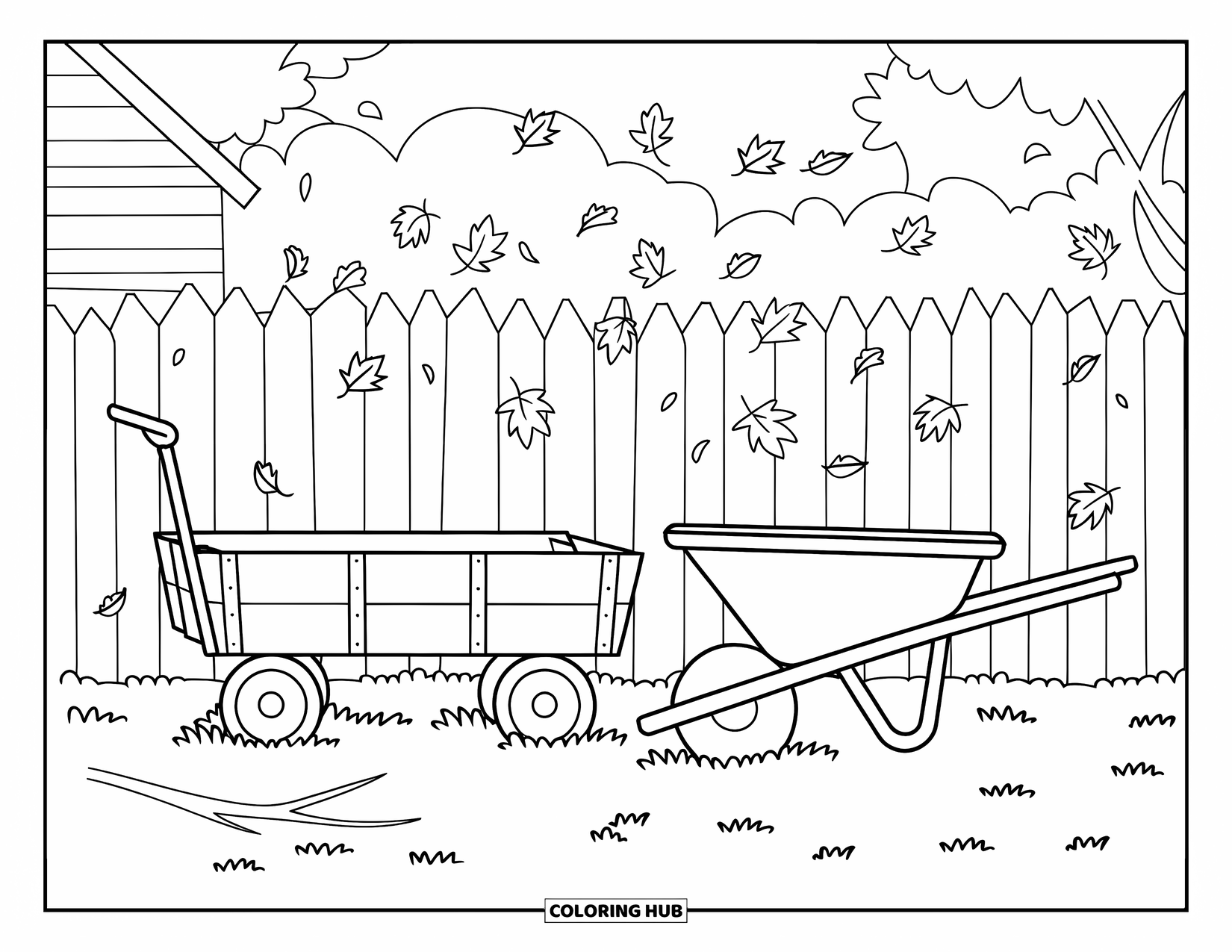 Letter W Coloring Page for Kids: A backyard scene with a wagon, wheelbarrow, and leaves swirling near a fence