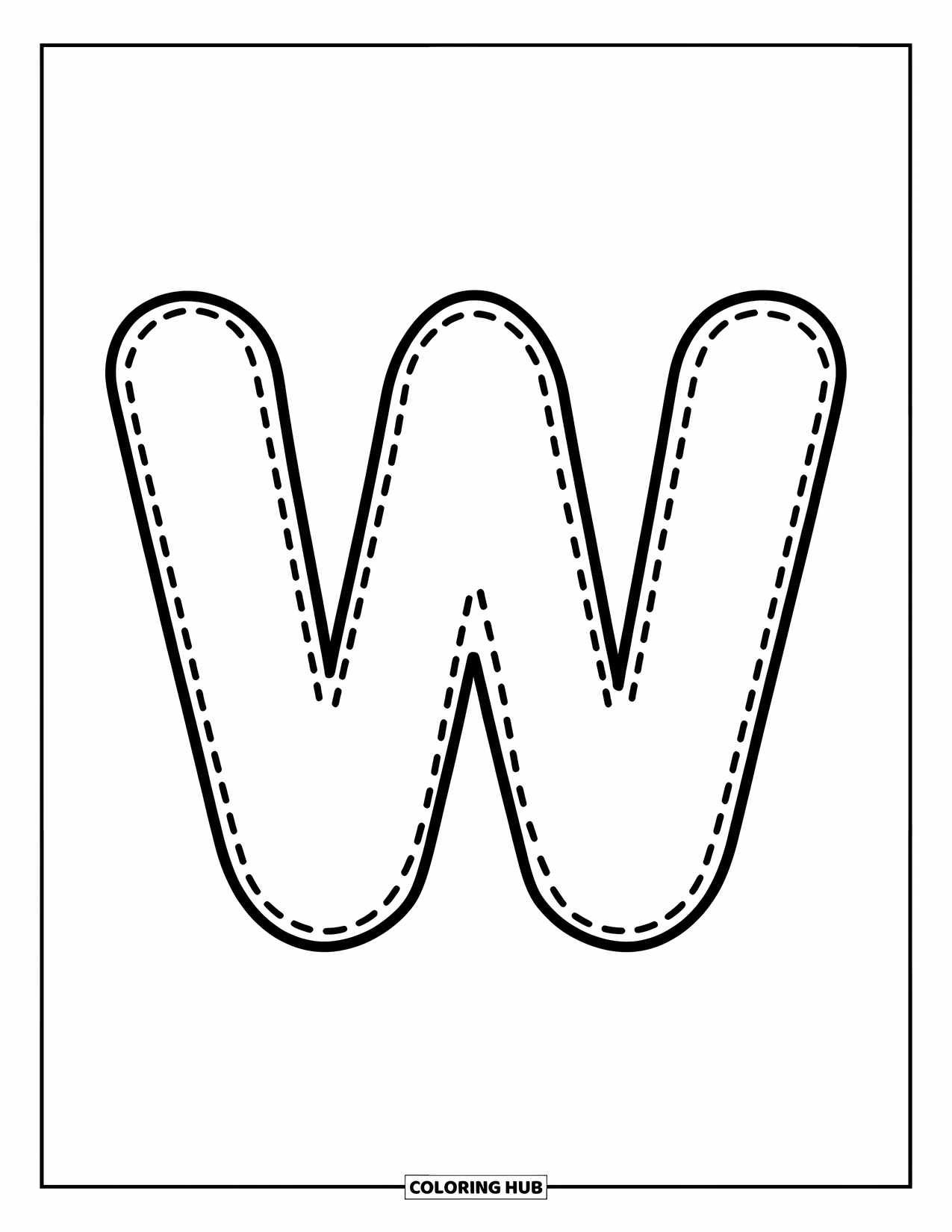 Letter W Coloring Page for Kids: A big dotted "W" with simple lines, perfect for preschool tracing