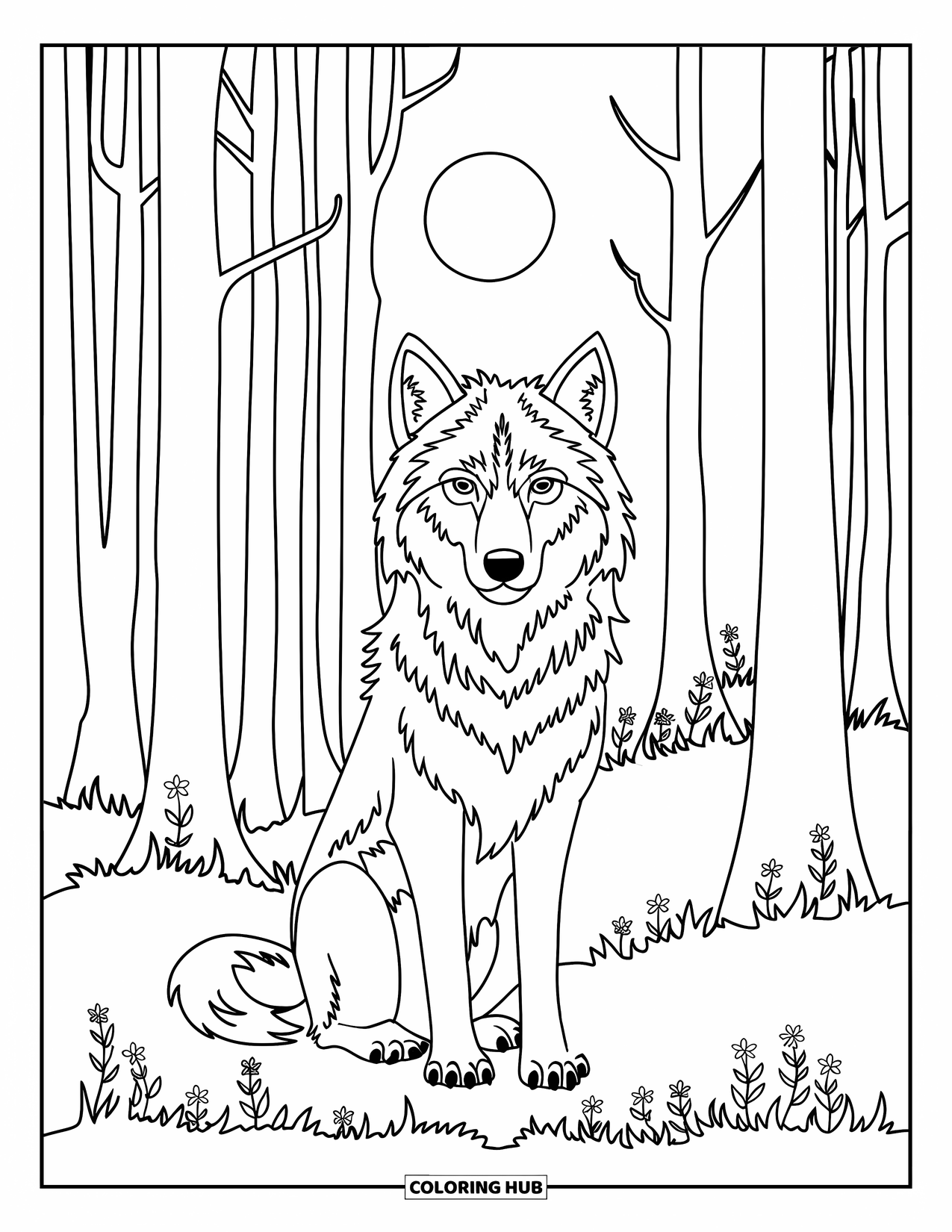 Letter W Coloring Page for Kids: A calm wolf rests in a moonlit forest surrounded by wildflowers