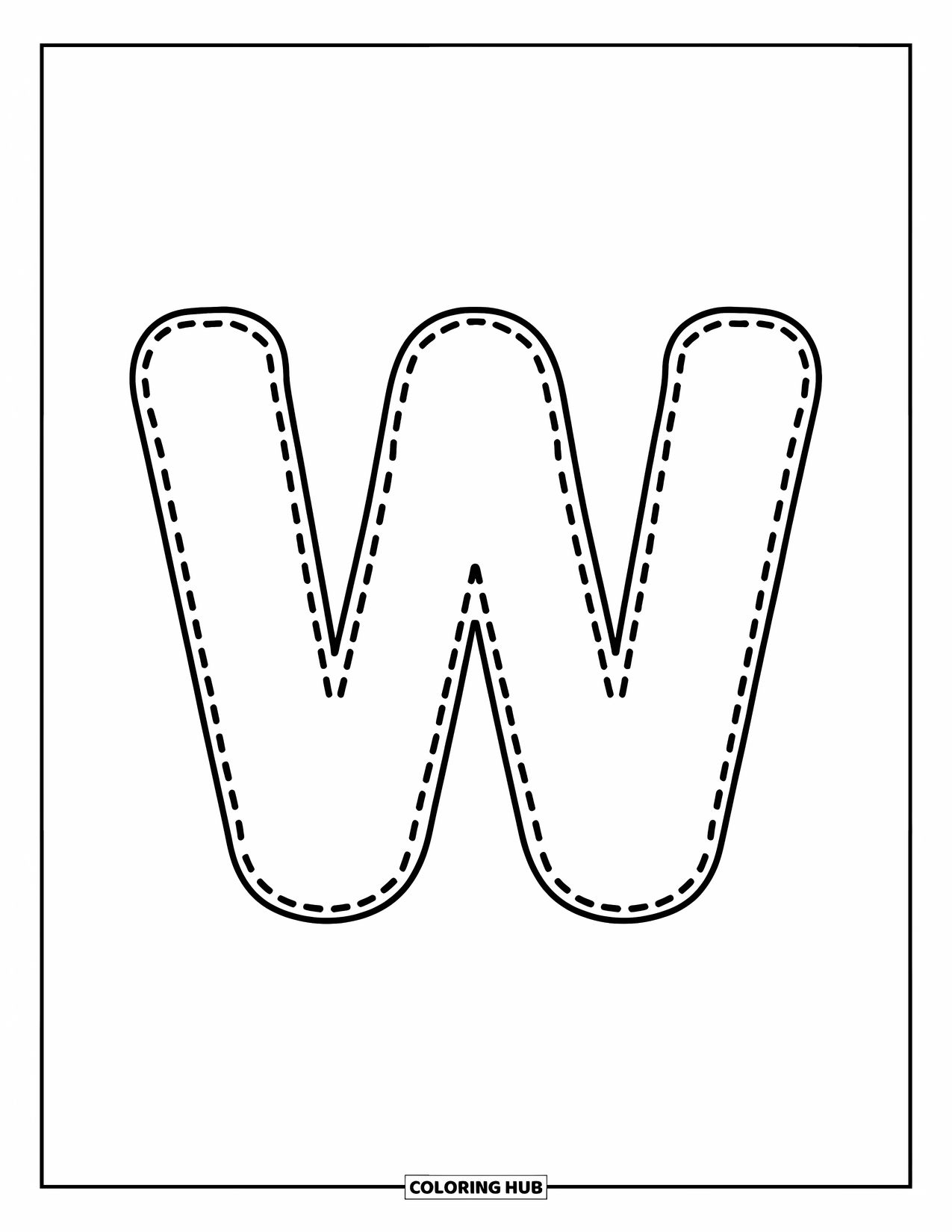 Letter W Coloring Page for Kids: A dotted letter "W" that's easy and fun for little hands to trace