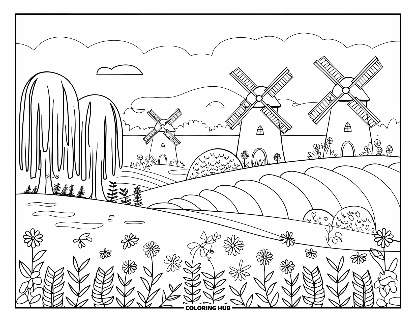 Letter W Coloring Page for Kids: A dreamy landscape with windmills, willow trees, and blooming wildflowers