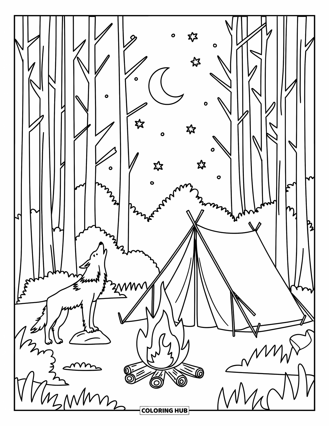 Letter W Coloring Page for Kids: A peaceful forest camp with fire, tent, howling wolf, and letter "W"