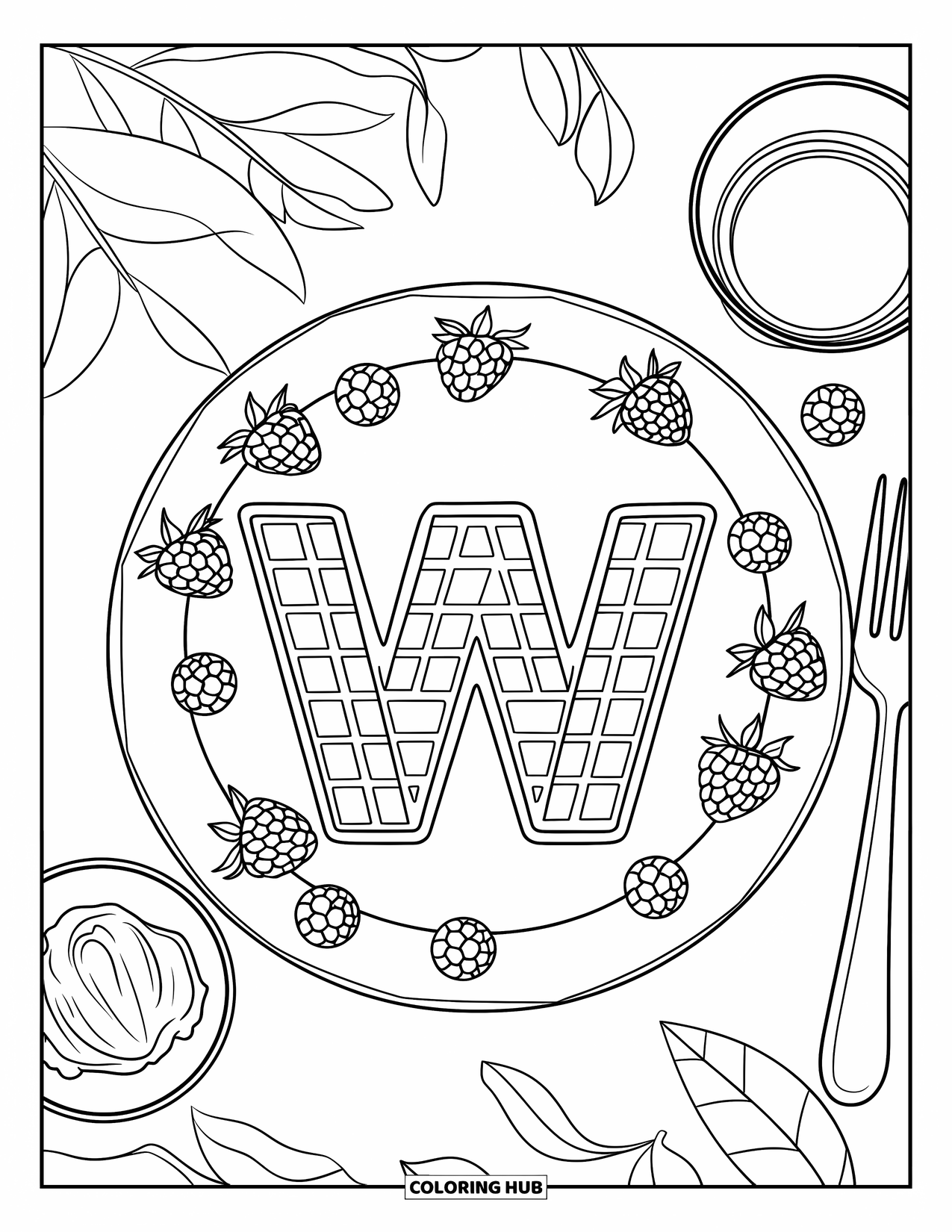 Letter W Coloring Page for Kids: A plate of waffles and whipped cream surrounds a waffle-shaped "W"