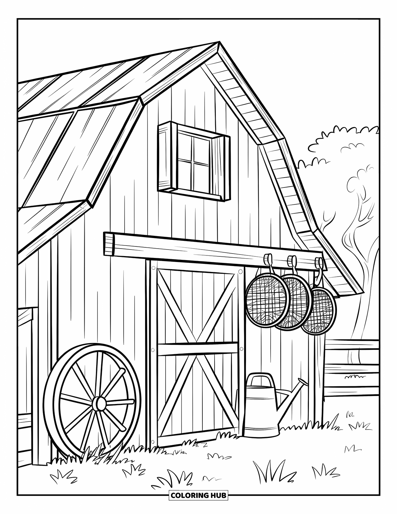 Letter W Coloring Page for Kids: A rustic barn with a watering can, wheel, and hanging baskets