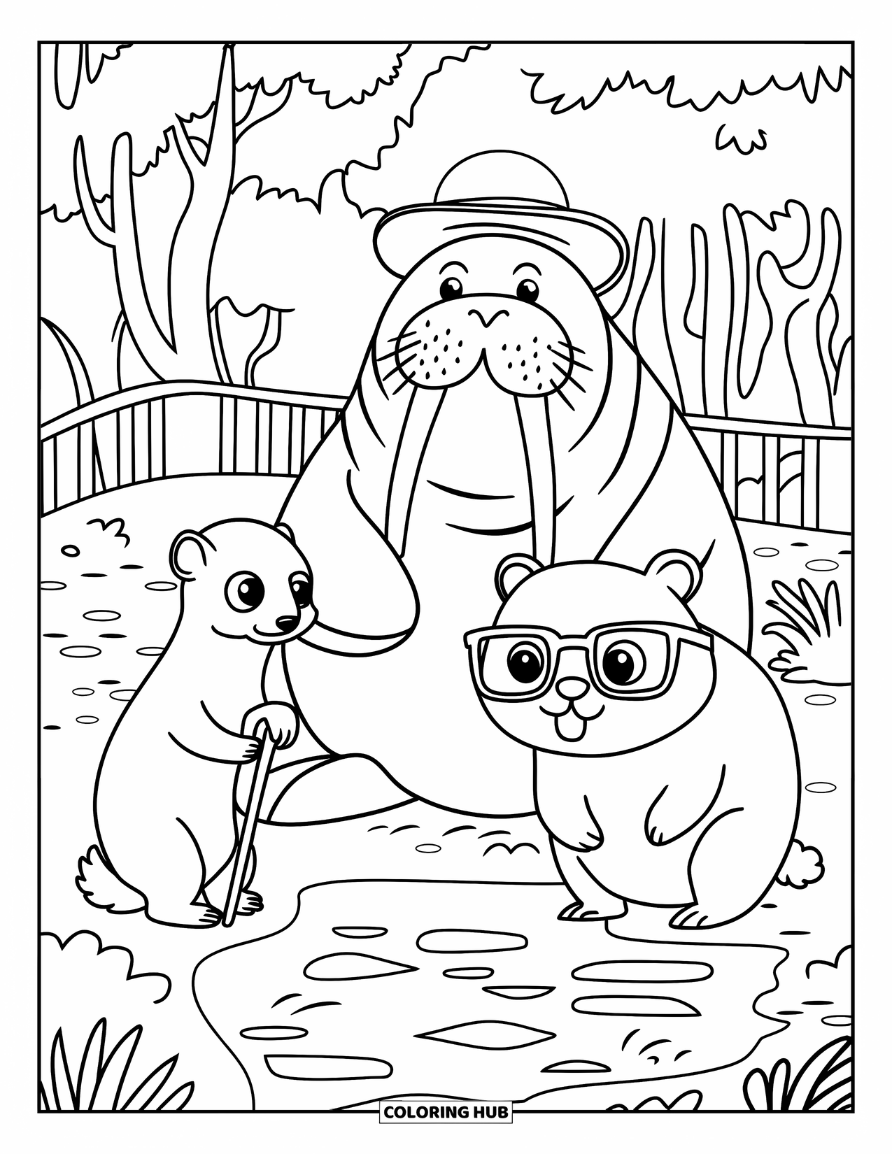 Letter W Coloring Page for Kids: A walrus, weasel, and wombat gather near a quiet pond with trees
