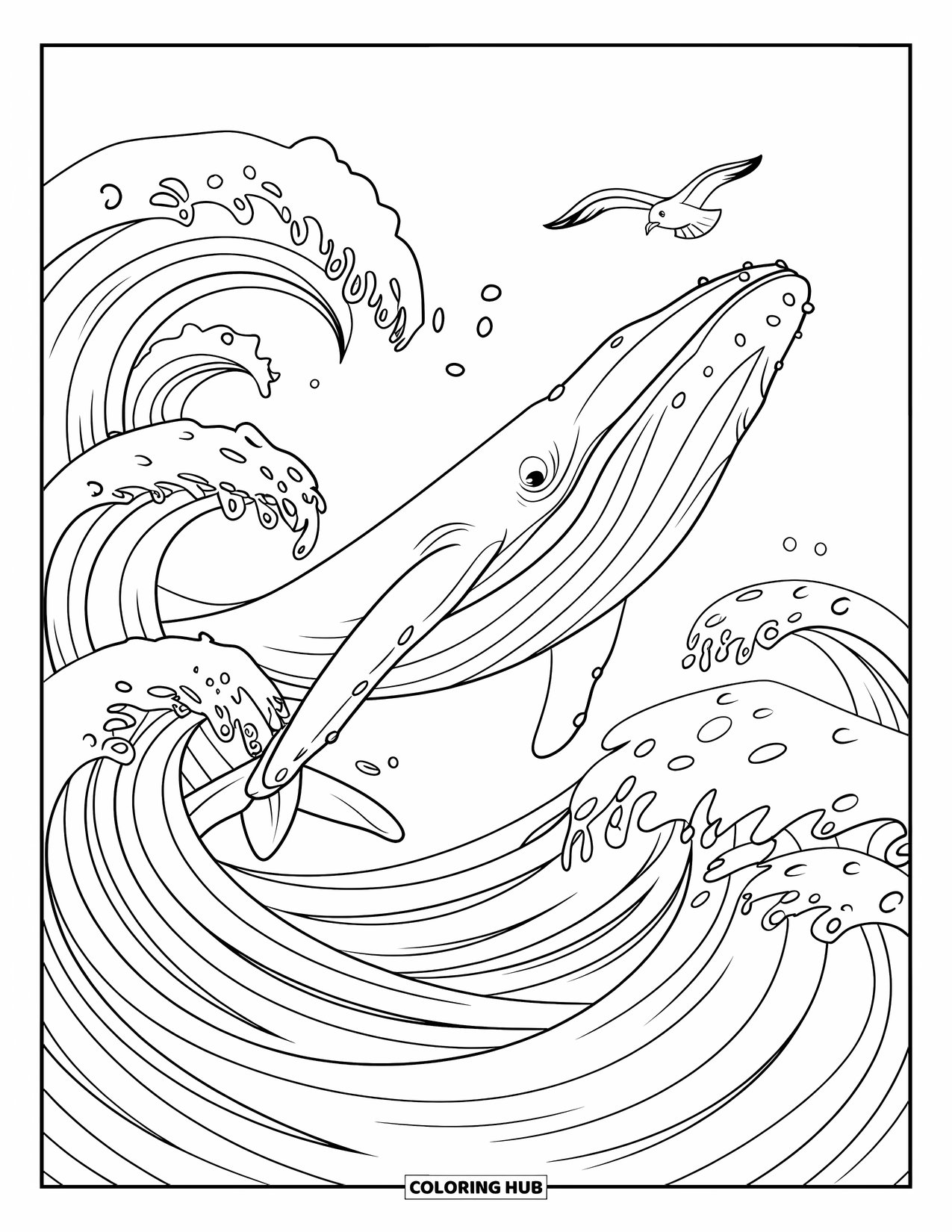 Letter W Coloring Page for Kids: A whale soars above swirling waves as a seagull watches nearby