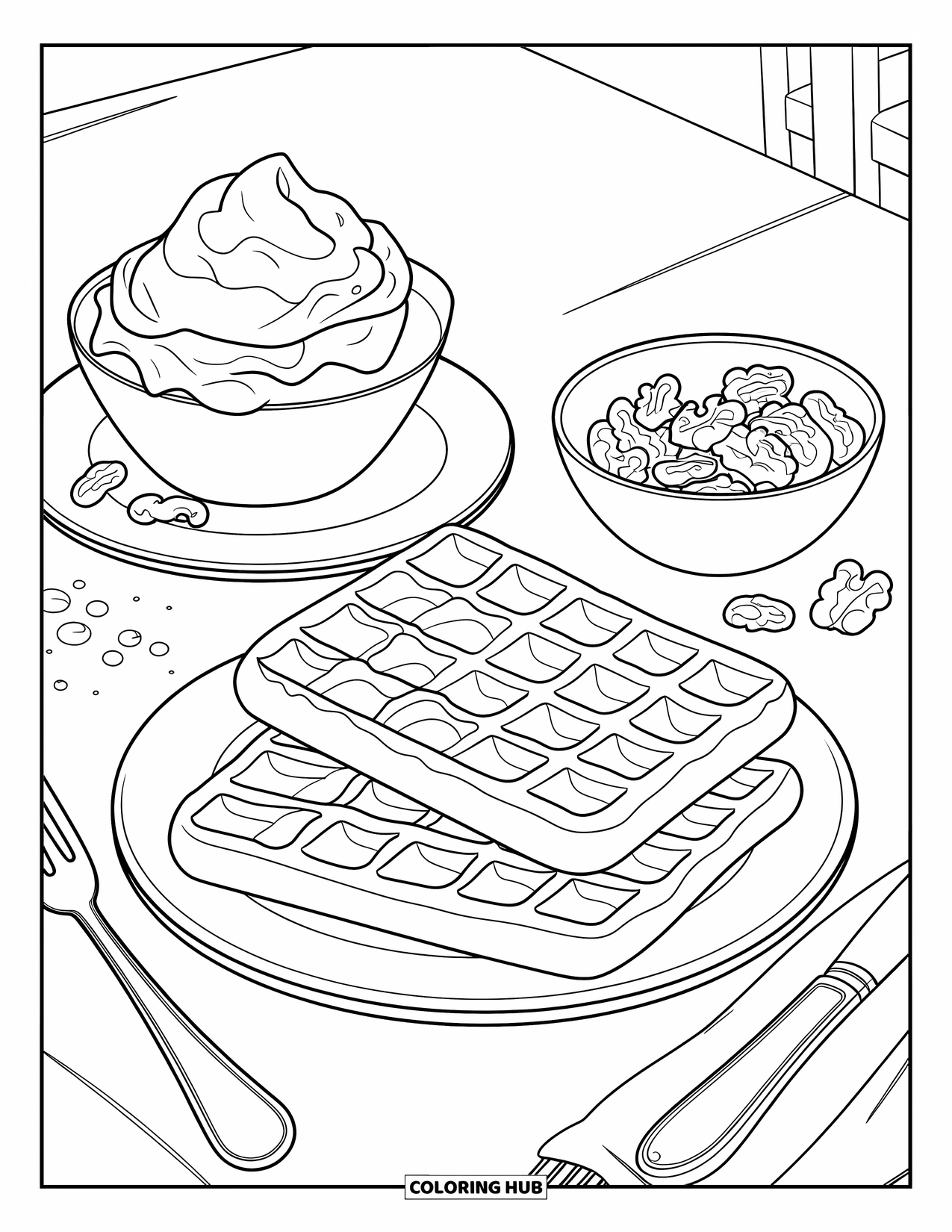 Letter W Coloring Page for Kids: Golden waffles with cream and walnuts wait beside a clean breakfast setup